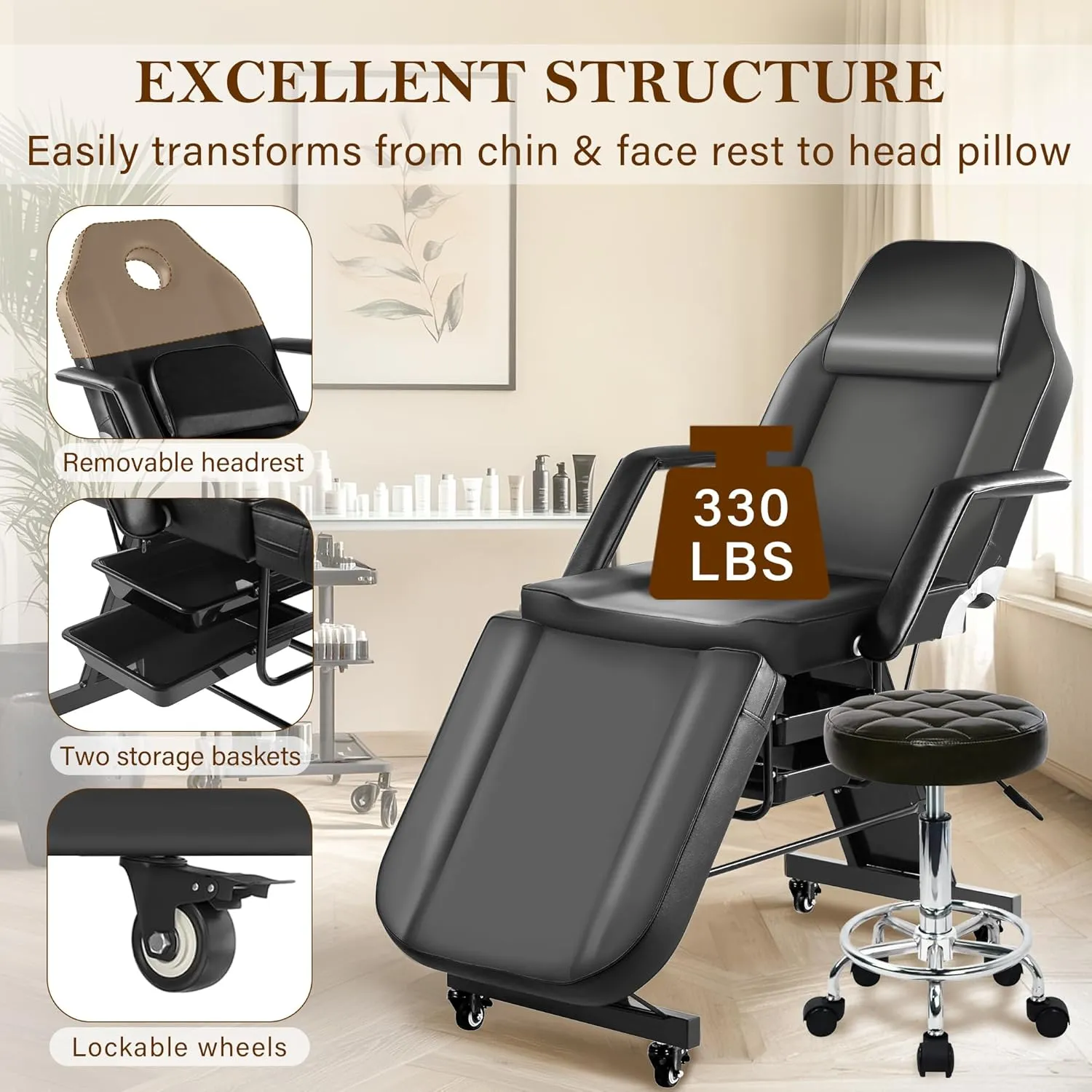 Tattoo Chairs for Client Facial Bed, Black Lash Esthetician Bed with Wheels, Adjustable Massage Table for Artist with Storage Tray, Reclining Beauty Salon Spa Equipment with Towel Hook, Black