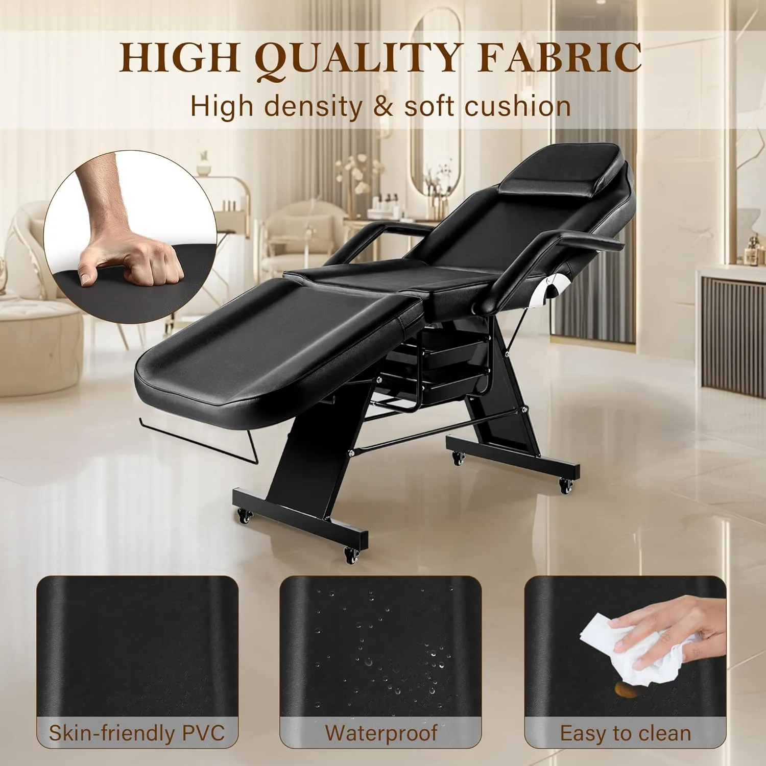 Tattoo Chairs for Client Facial Bed, Black Lash Esthetician Bed with Wheels, Adjustable Massage Table for Artist with Storage Tray, Reclining Beauty Salon Spa Equipment with Towel Hook, Black