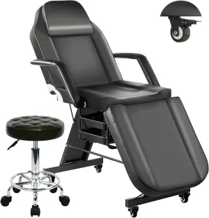 Tattoo Chairs for Client Facial Bed, Black Lash Esthetician Bed with Wheels, Adjustable Massage Table for Artist with Storage Tray, Reclining Beauty Salon Spa Equipment with Towel Hook, Black