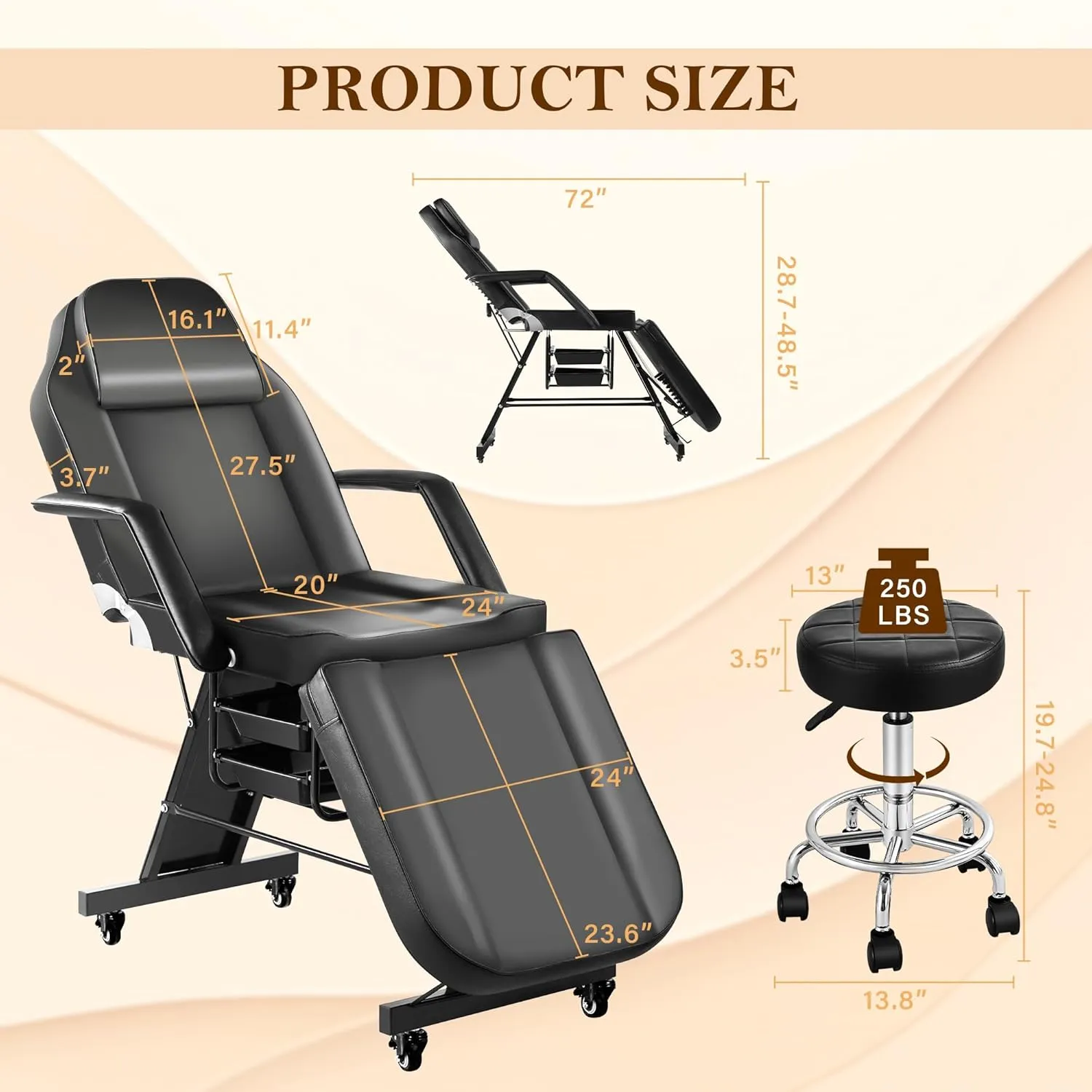 Tattoo Chairs for Client Facial Bed, Black Lash Esthetician Bed with Wheels, Adjustable Massage Table for Artist with Storage Tray, Reclining Beauty Salon Spa Equipment with Towel Hook, Black