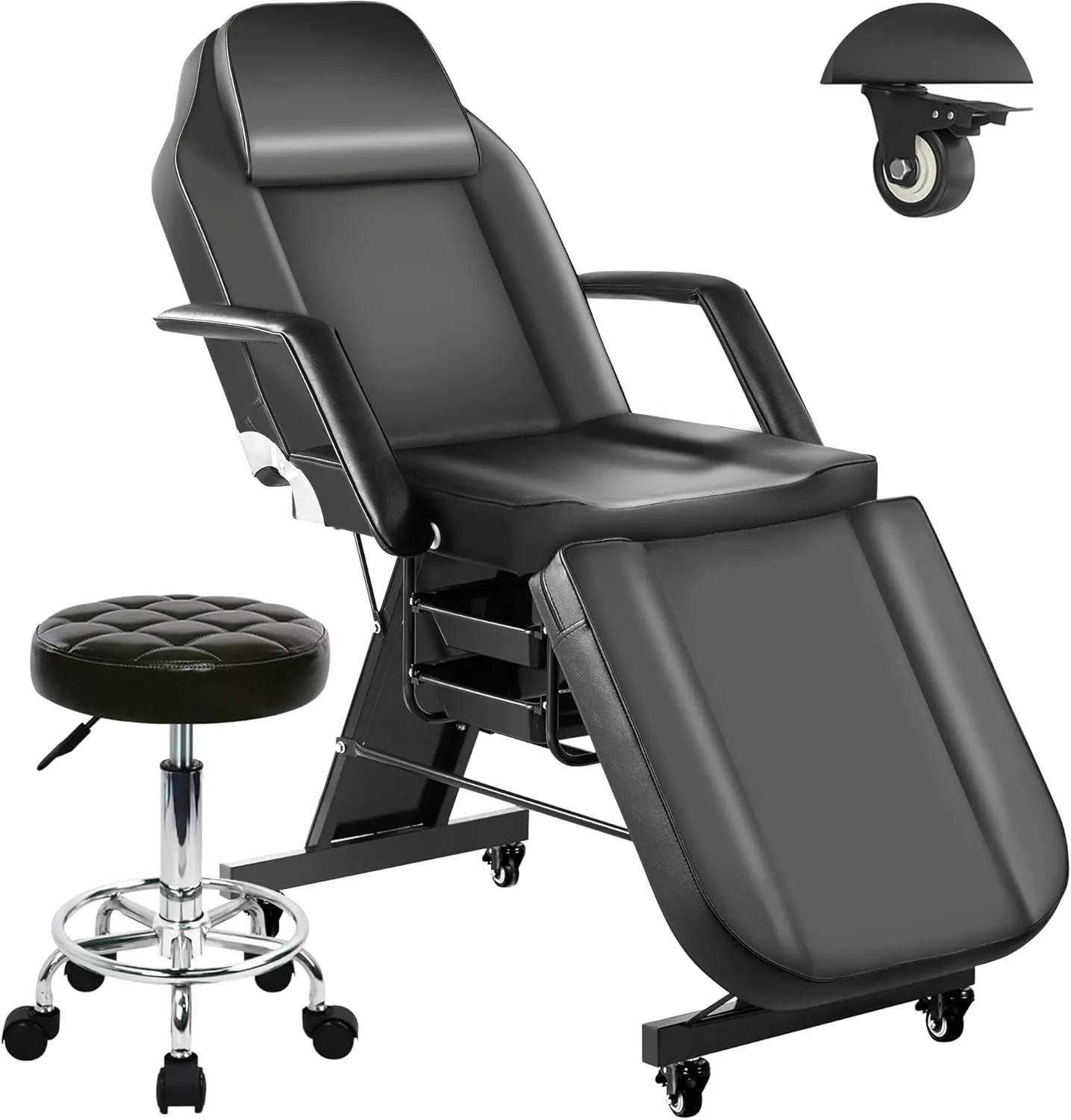 Tattoo Chairs for Client Facial Bed, Black Lash Esthetician Bed with Wheels, Adjustable Massage Table for Artist with Storage Tray, Reclining Beauty Salon Spa Equipment with Towel Hook, Black