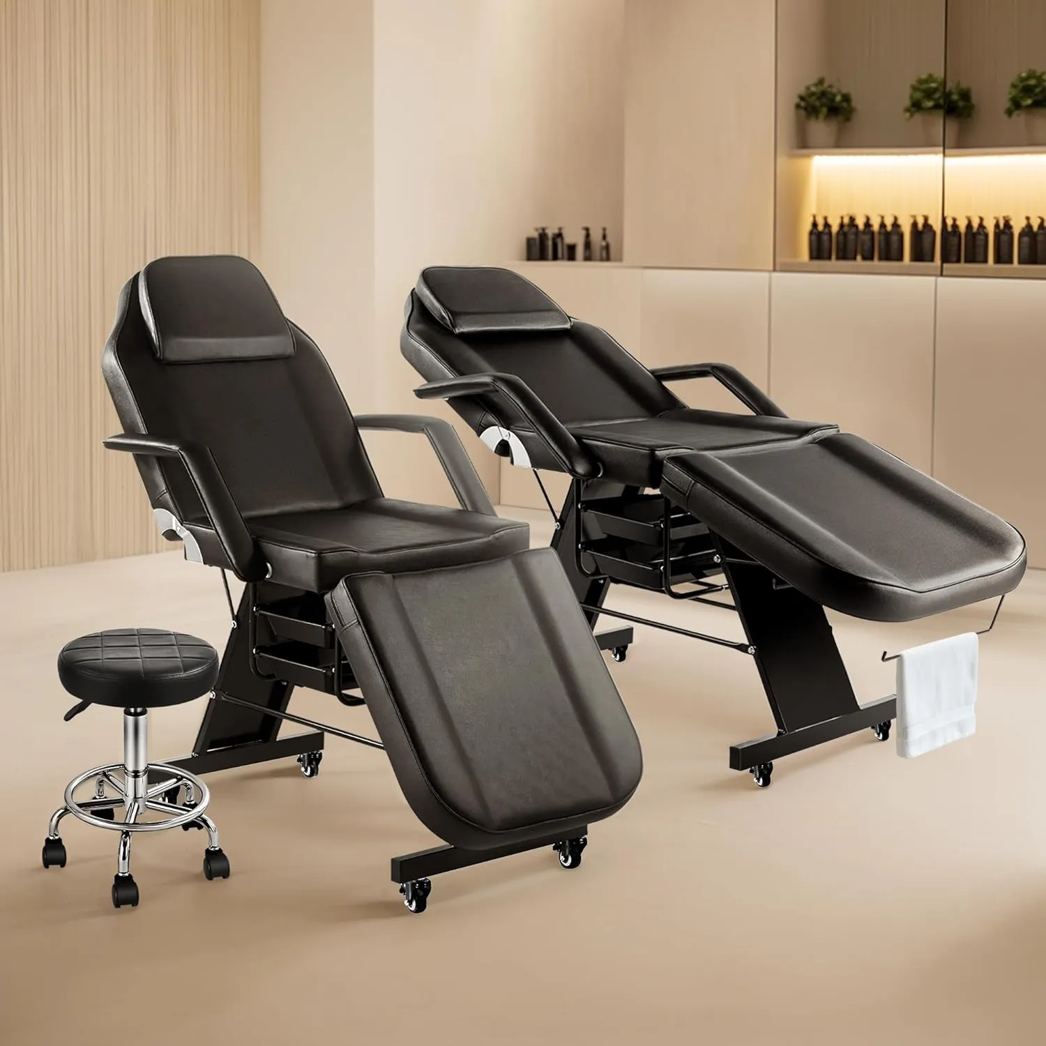 Tattoo Chairs for Client Facial Bed, Black Lash Esthetician Bed with Wheels, Adjustable Massage Table for Artist with Storage Tray, Reclining Beauty Salon Spa Equipment with Towel Hook, Black