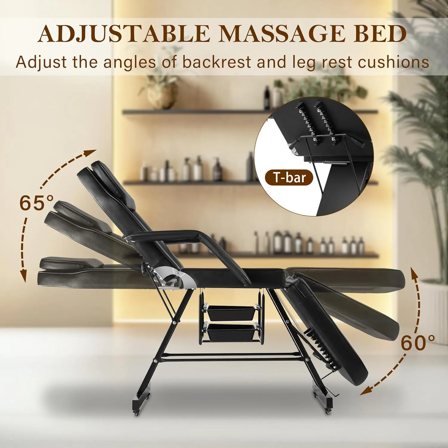 Tattoo Chairs for Client Facial Bed, Black Lash Esthetician Bed with Wheels, Adjustable Massage Table for Artist with Storage Tray, Reclining Beauty Salon Spa Equipment with Towel Hook, Black