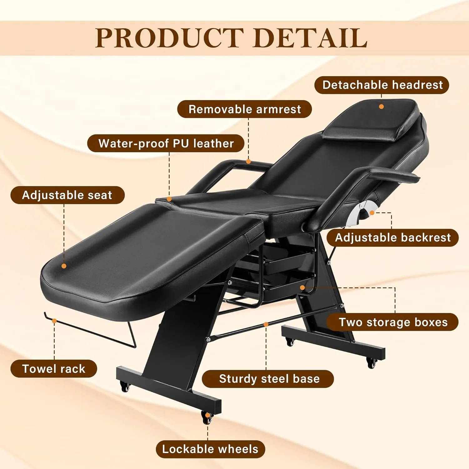 Tattoo Chairs for Client Facial Bed, Black Lash Esthetician Bed with Wheels, Adjustable Massage Table for Artist with Storage Tray, Reclining Beauty Salon Spa Equipment with Towel Hook, Black