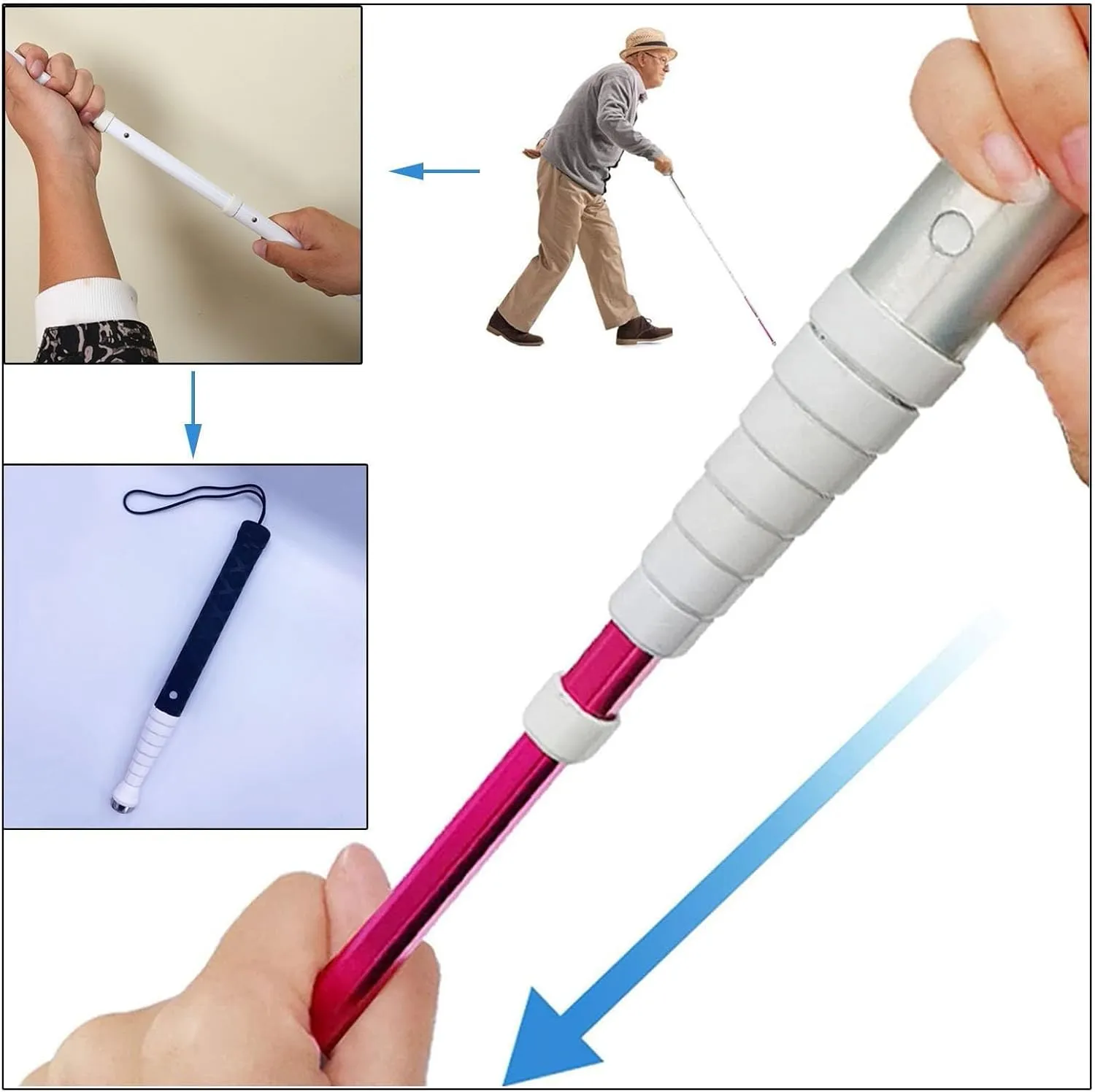 Telescopic Blind Cane - Reflective Folding Walking Stick for Vision Impaired and Blind People,Lnclude Nylon Bag   Optional Crutch tip(C,125cm/49.2in)