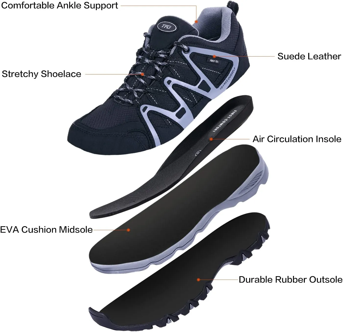 TFO Hiking Shoes Men's Waterproof Air Circulation Insole Ankle Support Non-Slip Lightweight for Outdoor Trekking Walking