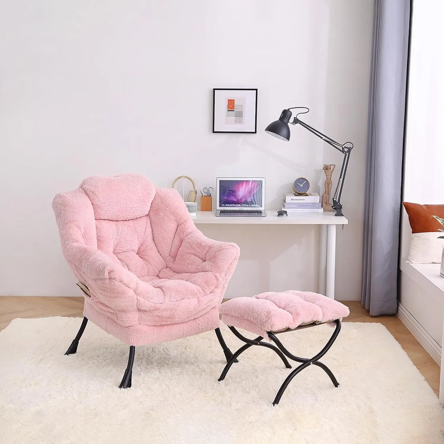 Tiita Lazy Chair with Ottoman, Modern Large Accent Lounge Armchair, Comfy Leisure Sofa Reading Chair with Footrest for Bedroom, Living Room, Dorm Rooms, Garden and Courtyard, Plush Pink