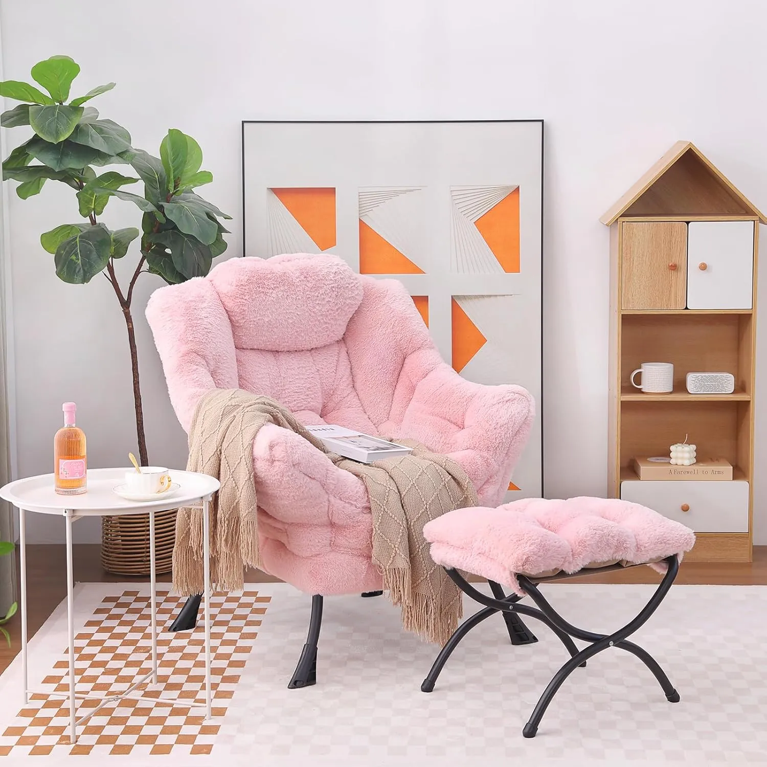 Tiita Lazy Chair with Ottoman, Modern Large Accent Lounge Armchair, Comfy Leisure Sofa Reading Chair with Footrest for Bedroom, Living Room, Dorm Rooms, Garden and Courtyard, Plush Pink