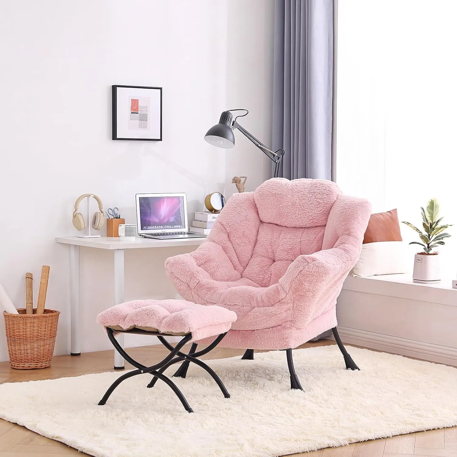 Tiita Lazy Chair with Ottoman, Modern Large Accent Lounge Armchair, Comfy Leisure Sofa Reading Chair with Footrest for Bedroom, Living Room, Dorm Rooms, Garden and Courtyard, Plush Pink