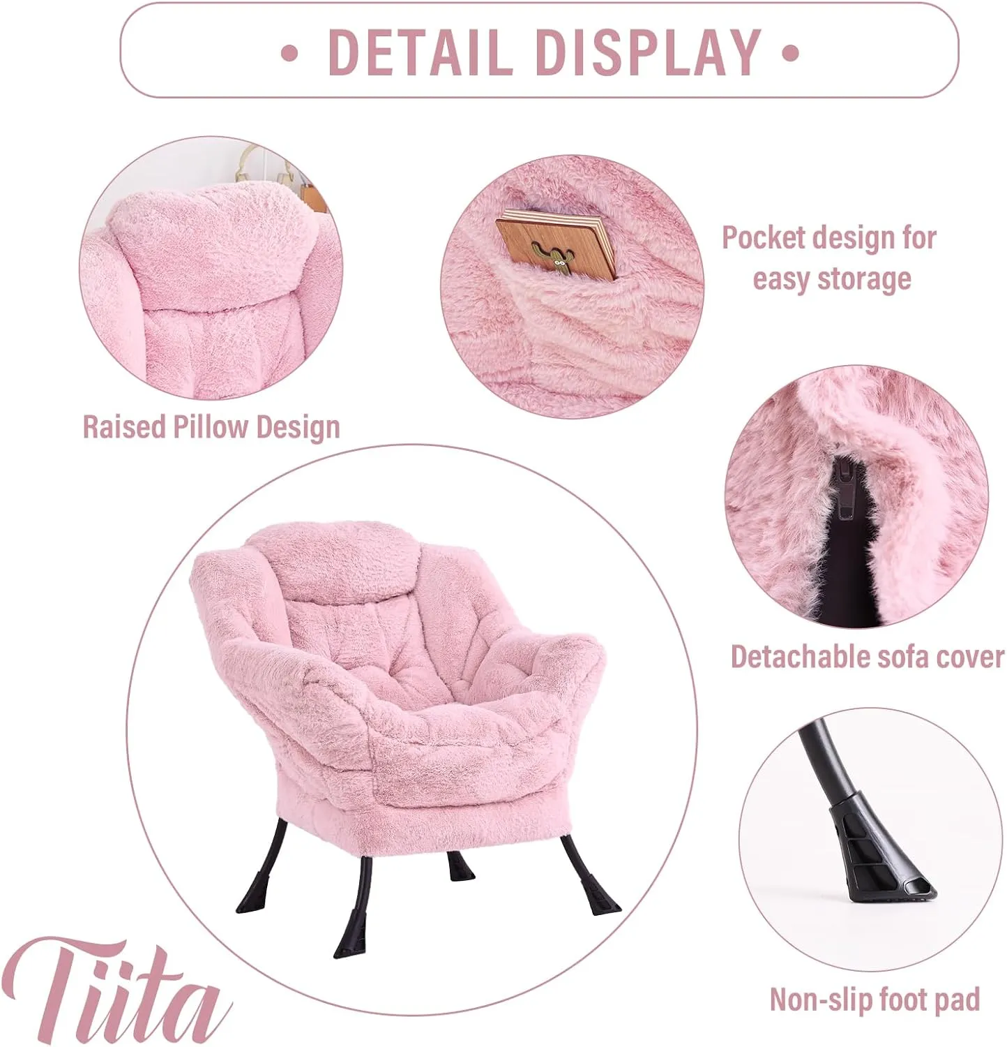 Tiita Lazy Chair with Ottoman, Modern Large Accent Lounge Armchair, Comfy Leisure Sofa Reading Chair with Footrest for Bedroom, Living Room, Dorm Rooms, Garden and Courtyard, Plush Pink