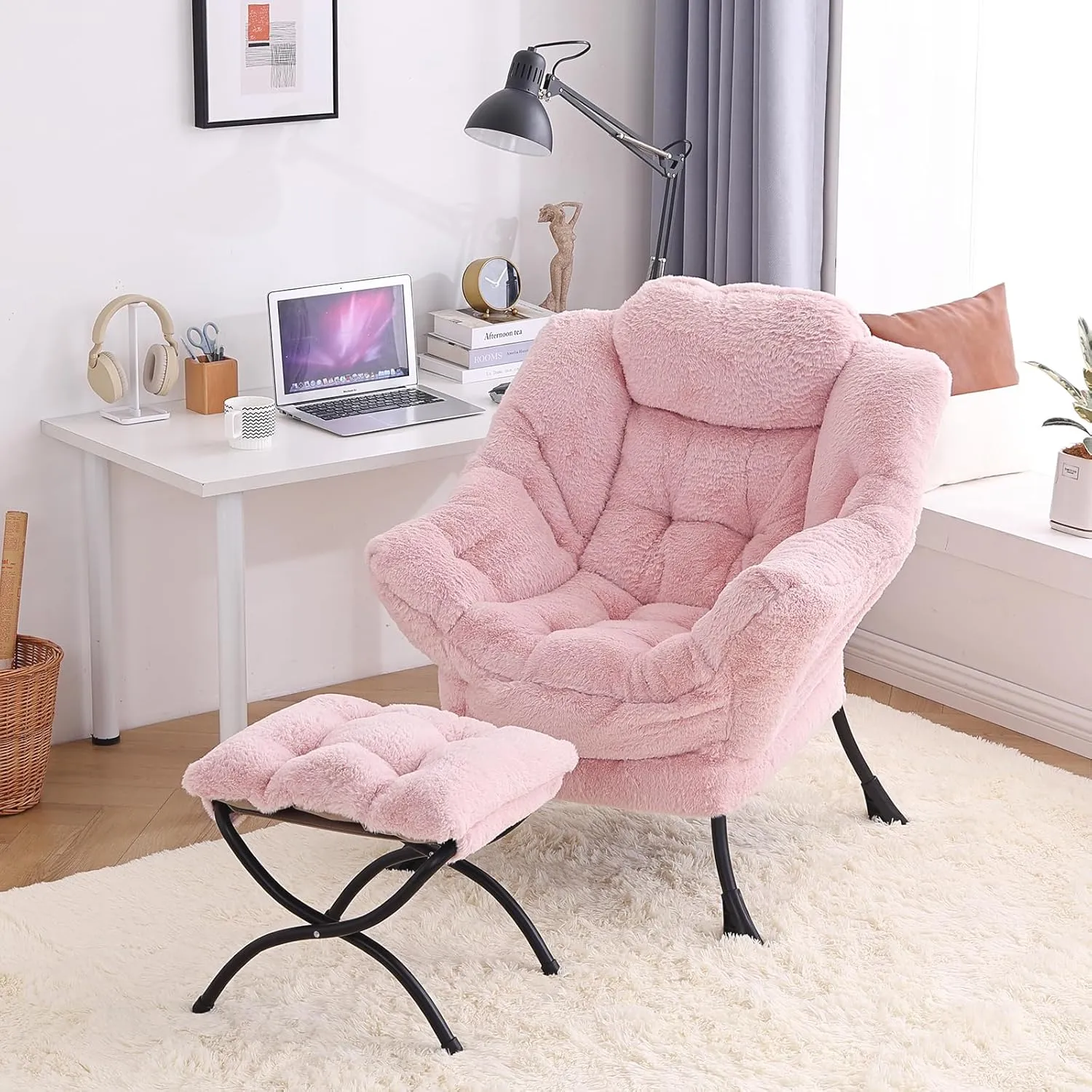 Tiita Lazy Chair with Ottoman, Modern Large Accent Lounge Armchair, Comfy Leisure Sofa Reading Chair with Footrest for Bedroom, Living Room, Dorm Rooms, Garden and Courtyard, Plush Pink