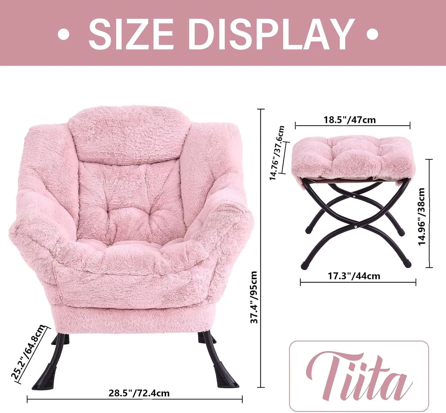 Tiita Lazy Chair with Ottoman, Modern Large Accent Lounge Armchair, Comfy Leisure Sofa Reading Chair with Footrest for Bedroom, Living Room, Dorm Rooms, Garden and Courtyard, Plush Pink