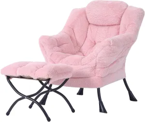 Tiita Lazy Chair with Ottoman, Modern Large Accent Lounge Armchair, Comfy Leisure Sofa Reading Chair with Footrest for Bedroom, Living Room, Dorm Rooms, Garden and Courtyard, Plush Pink
