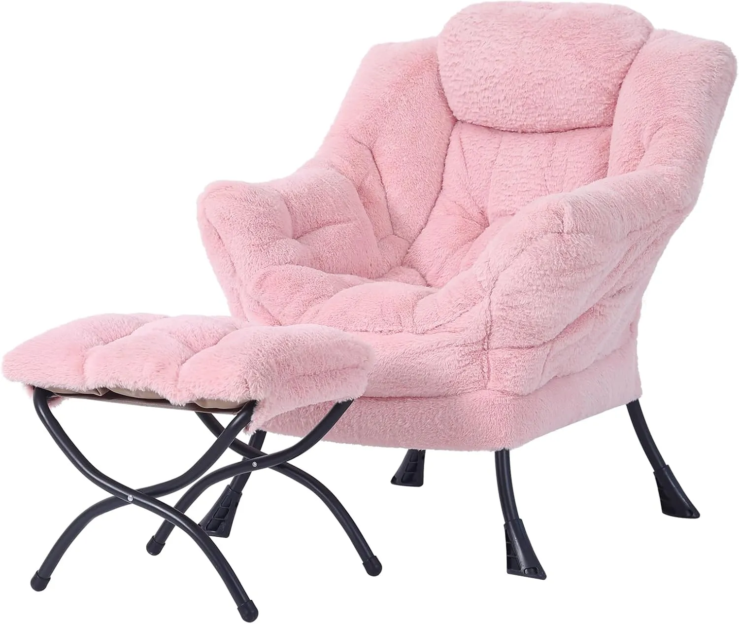 Tiita Lazy Chair with Ottoman, Modern Large Accent Lounge Armchair, Comfy Leisure Sofa Reading Chair with Footrest for Bedroom, Living Room, Dorm Rooms, Garden and Courtyard, Plush Pink