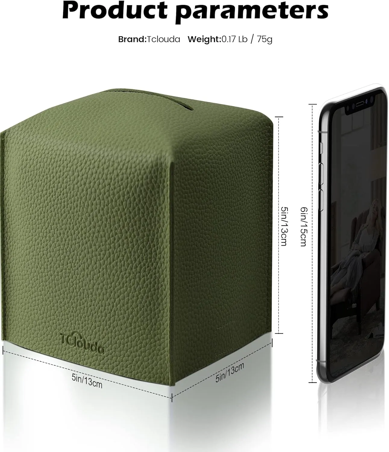 Tissue Box Cover for PU Leather, Modern Simple Solid Color Holder Square Tissue Bag, Ideal for Bathrooms,Office,Car,Nightstand,Outdoor Tent,Dining Table,5"X5"X5", Double Green