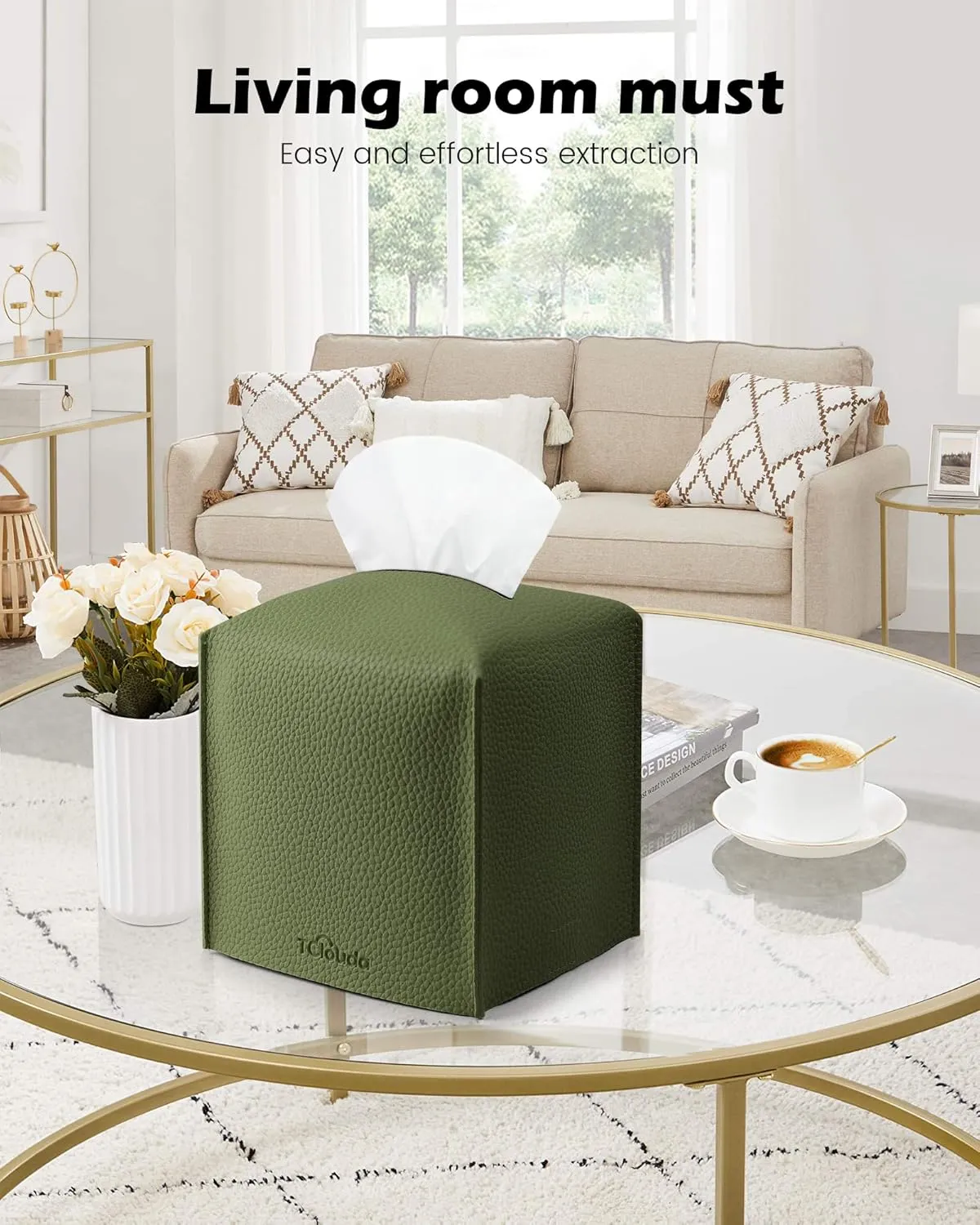 Tissue Box Cover for PU Leather, Modern Simple Solid Color Holder Square Tissue Bag, Ideal for Bathrooms,Office,Car,Nightstand,Outdoor Tent,Dining Table,5"X5"X5", Double Green