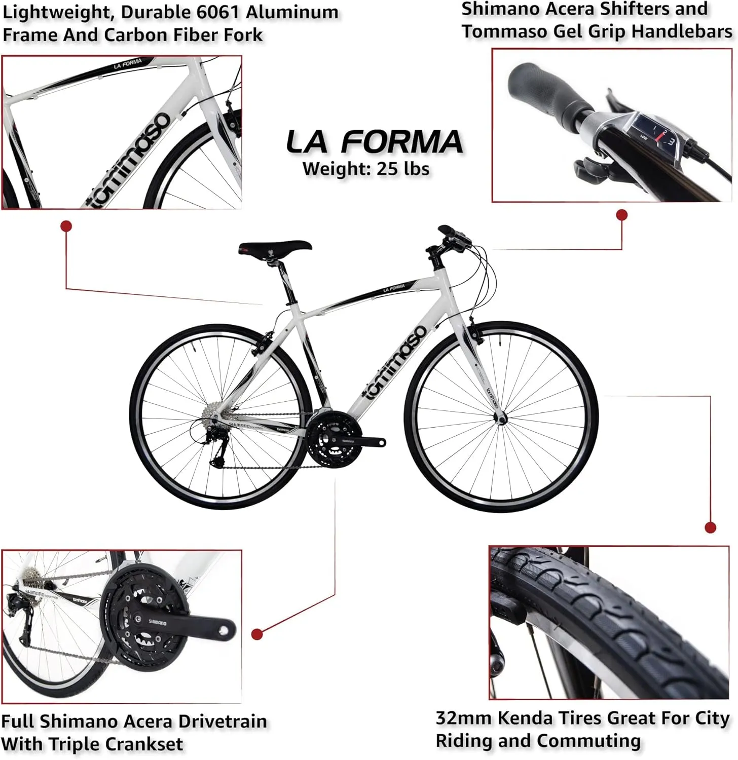 Tommaso La Forma Aluminum & Carbon Mens Hybrid Bike Women Road Bicycle Adult Bikes Womens