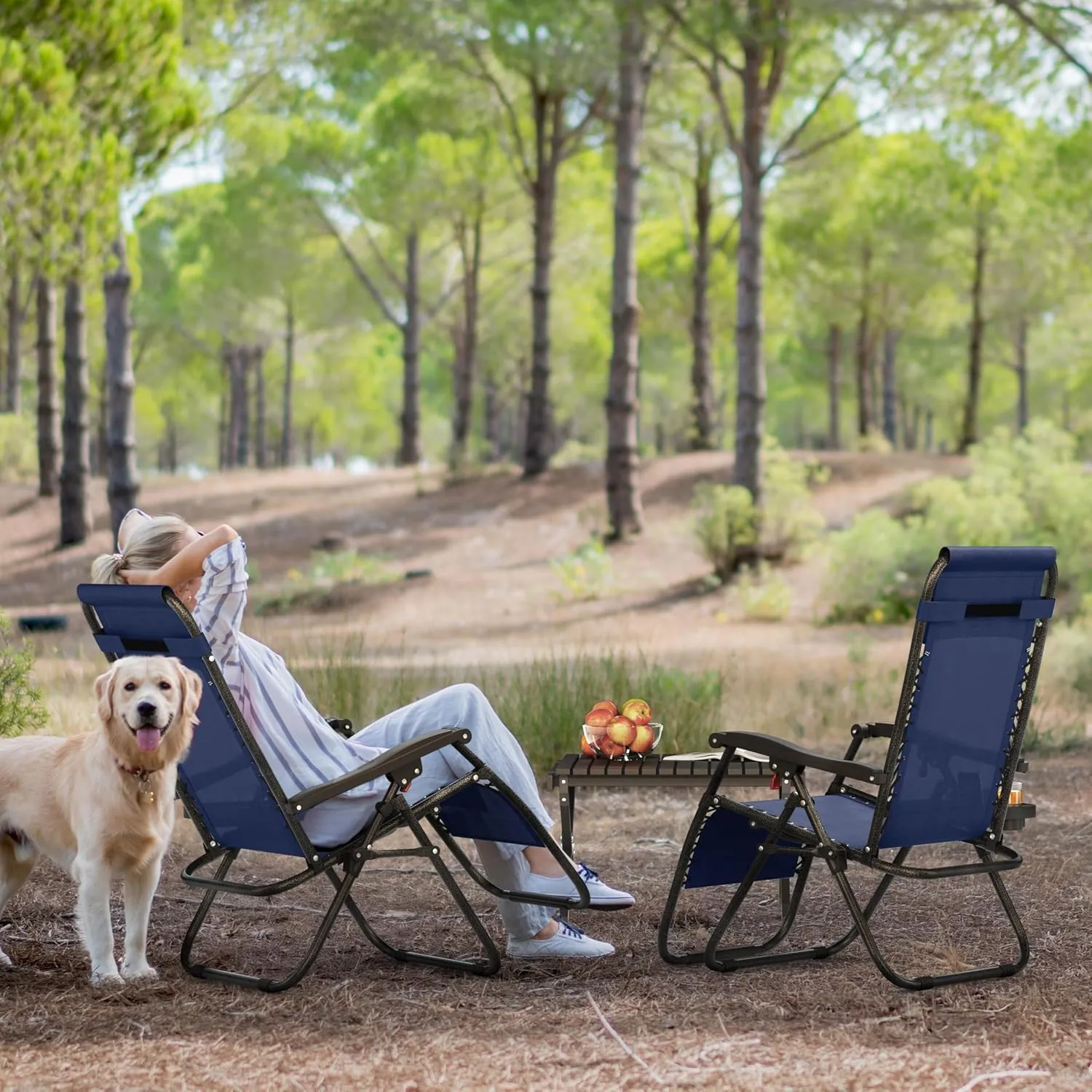Topeakmart Zero Gravity Chairs Set of 2 Reclining Adjustable Folding Patio Lounge Chair Outdoor Camp Recliners w/Carry Strap and Pillows for Lawn, Beach, Yard, Deck - Navy Blue