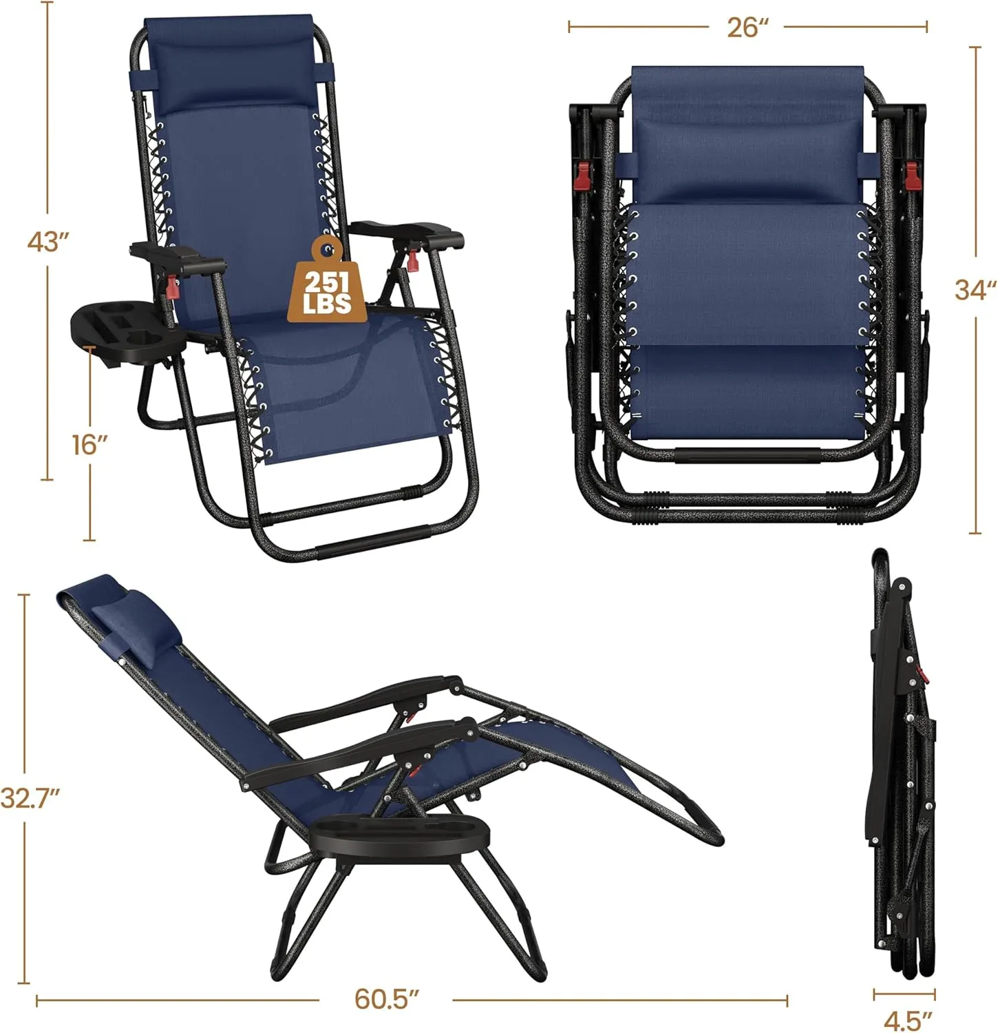 Topeakmart Zero Gravity Chairs Set of 2 Reclining Adjustable Folding Patio Lounge Chair Outdoor Camp Recliners w/Carry Strap and Pillows for Lawn, Beach, Yard, Deck - Navy Blue
