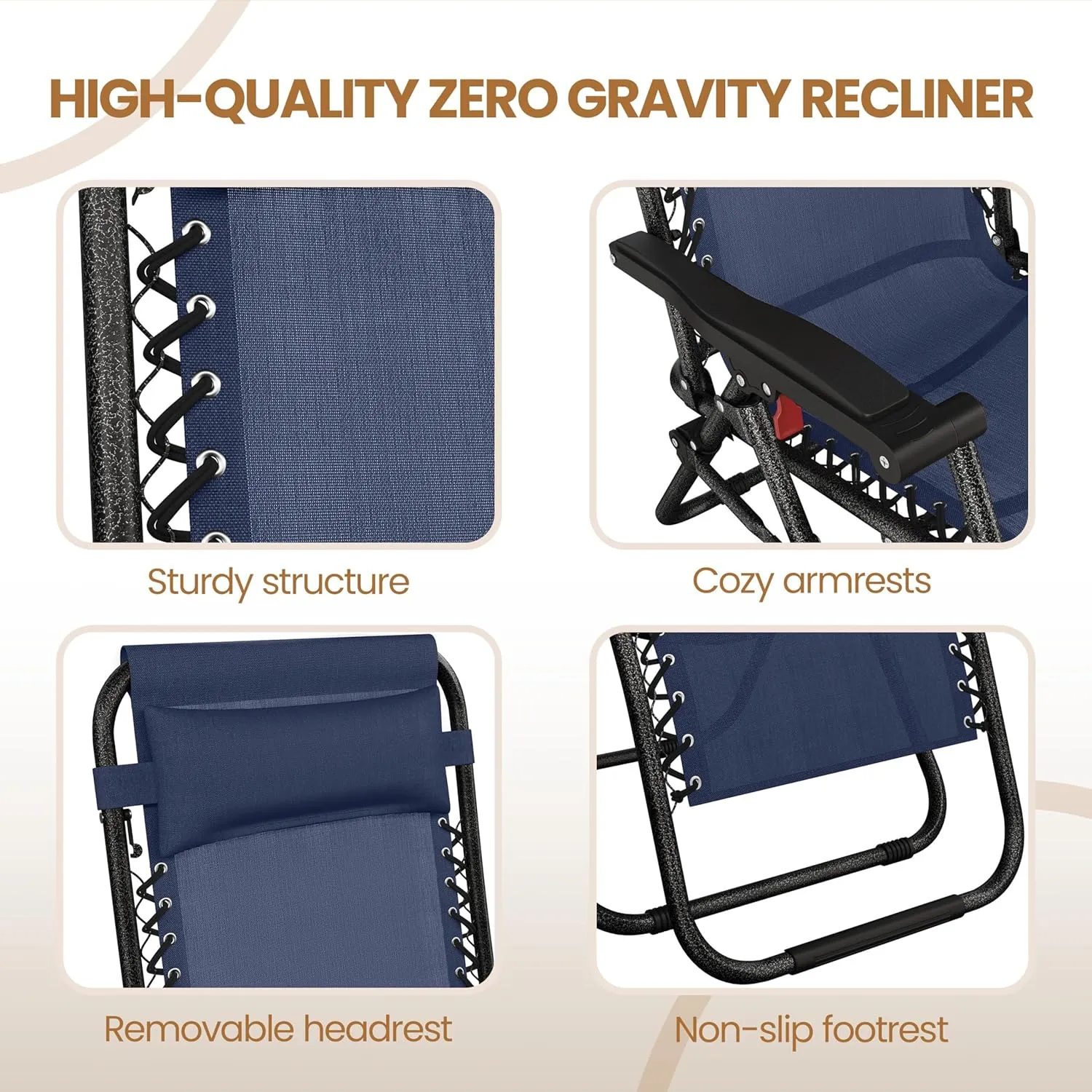 Topeakmart Zero Gravity Chairs Set of 2 Reclining Adjustable Folding Patio Lounge Chair Outdoor Camp Recliners w/Carry Strap and Pillows for Lawn, Beach, Yard, Deck - Navy Blue