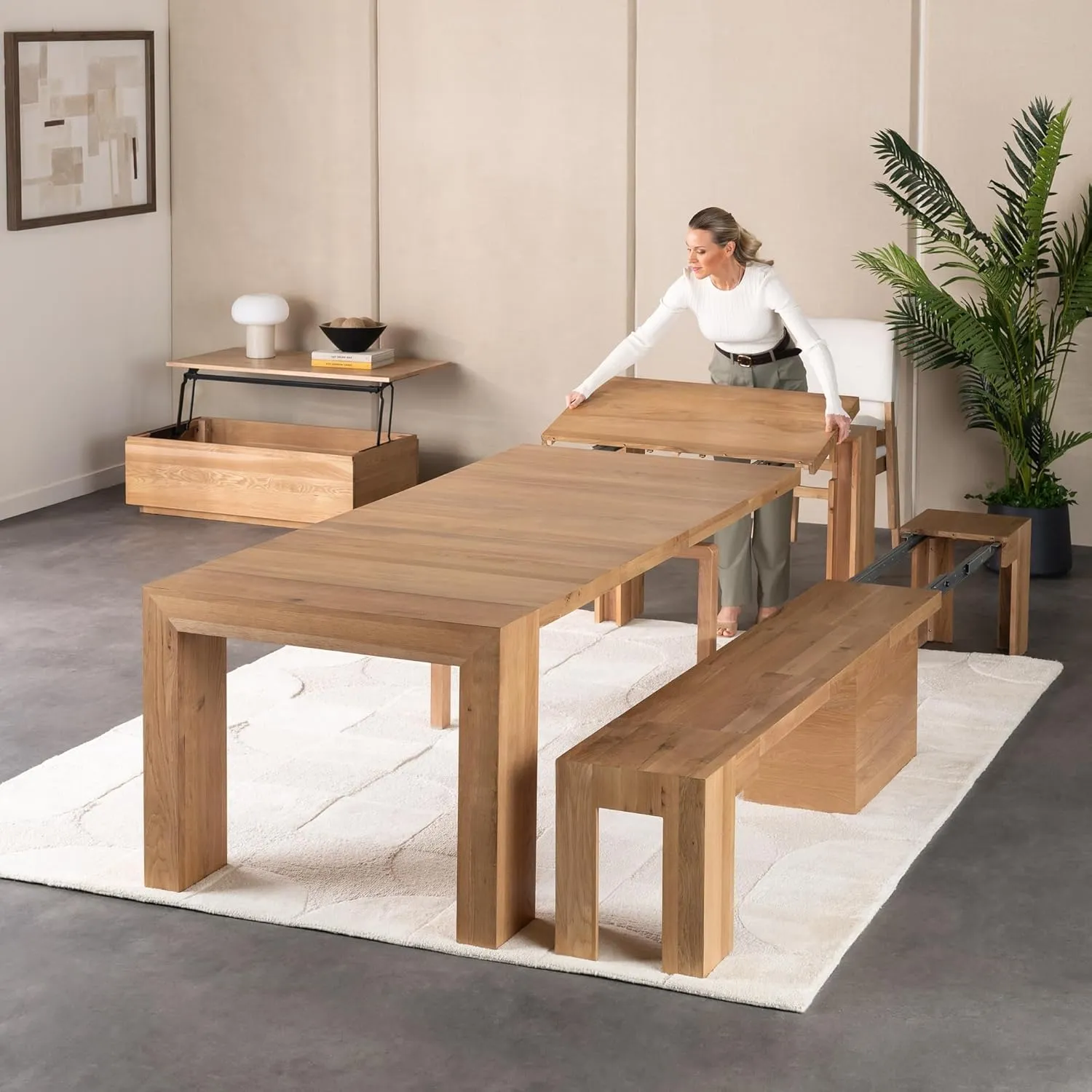 Transformer Table Expandable Dining Table Set for 4 to 12, Living Room Furniture Lift Top Coffee Table with Storage & Extendable Dining Bench, Modern Dining Room Set with Bench & Small Coffee Table