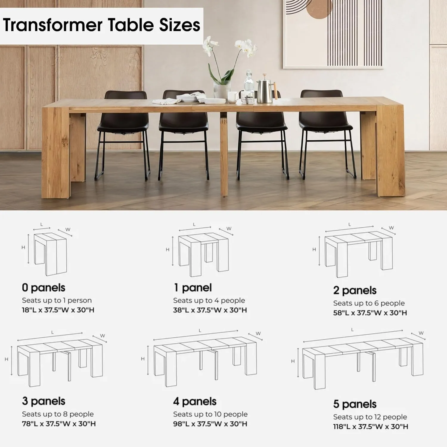 Transformer Table Expandable Dining Table Set for 4 to 12, Living Room Furniture Lift Top Coffee Table with Storage & Extendable Dining Bench, Modern Dining Room Set with Bench & Small Coffee Table