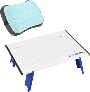 TREKOLOGY Portable Beach Table & Inflatable Pillow Set – Ultralight Folding Table with Carry Bag & Adjustable Beach Chair Pillow – Ideal for Beach, Camping & Travel