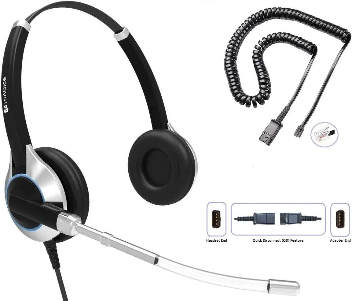 TruVoice HD-350 Deluxe Headset with Noise Reduction Voice Tube & HD Sound - Compatible with Yealink, Grandstream, Sangoma, Ooma and Snom Desk Phones