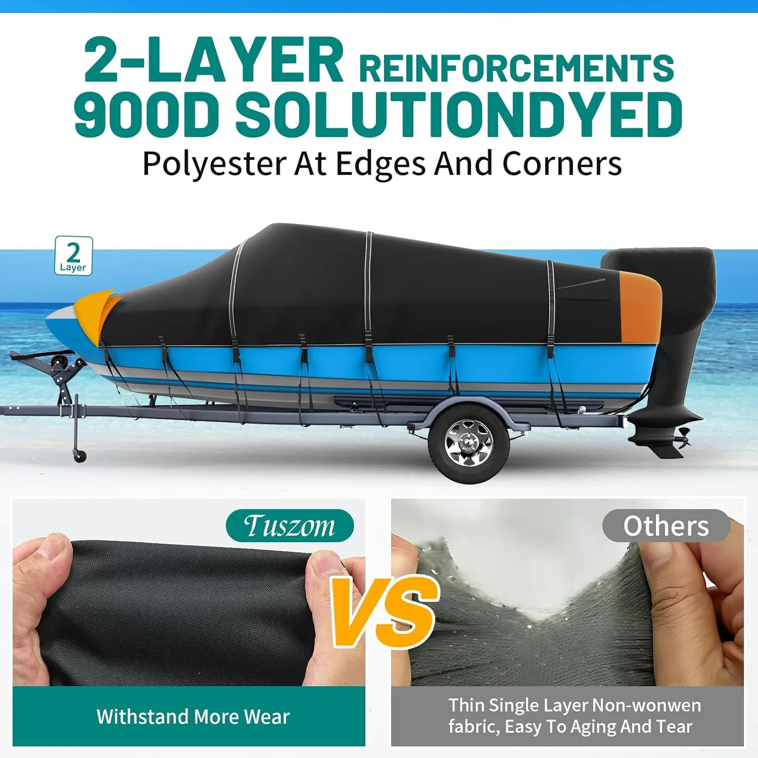 Tuszom 1200D Waterproof Boat Cover Trailerable Marine Grade Polyester Universal Fits V-Hull, Bass, Runabout,Fishing,Ski Boat with Motor Cover,More Straps (Black, 16' - 18.5' L, UP to 94" W)