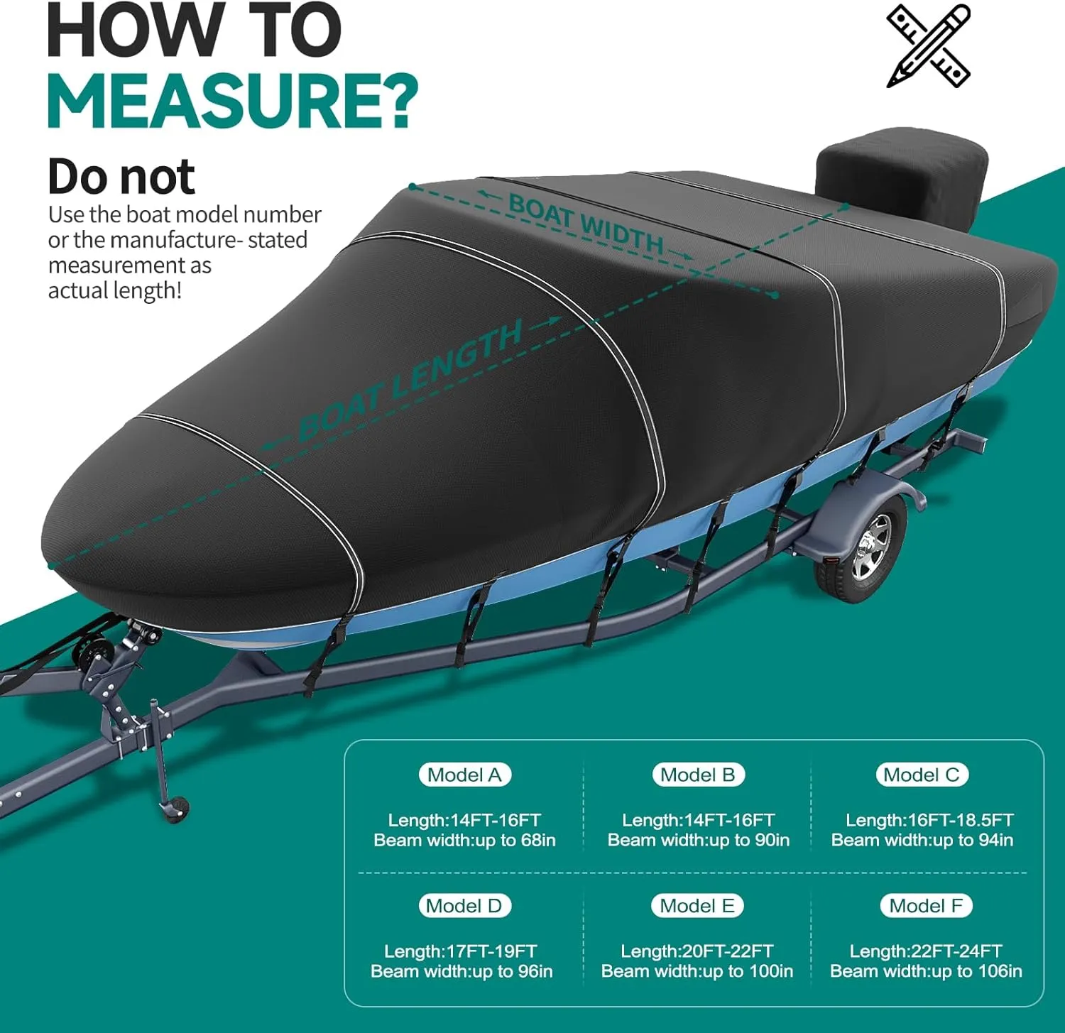 Tuszom 1200D Waterproof Boat Cover Trailerable Marine Grade Polyester Universal Fits V-Hull, Bass, Runabout,Fishing,Ski Boat with Motor Cover,More Straps (Black, 16' - 18.5' L, UP to 94" W)