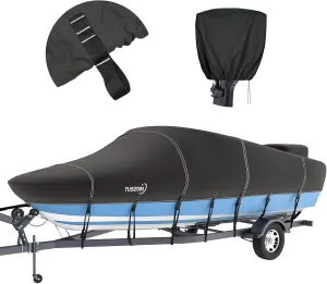 Tuszom 1200D Waterproof Boat Cover Trailerable Marine Grade Polyester Universal Fits V-Hull, Bass, Runabout,Fishing,Ski Boat with Motor Cover,More Straps (Black, 16' - 18.5' L, UP to 94" W)