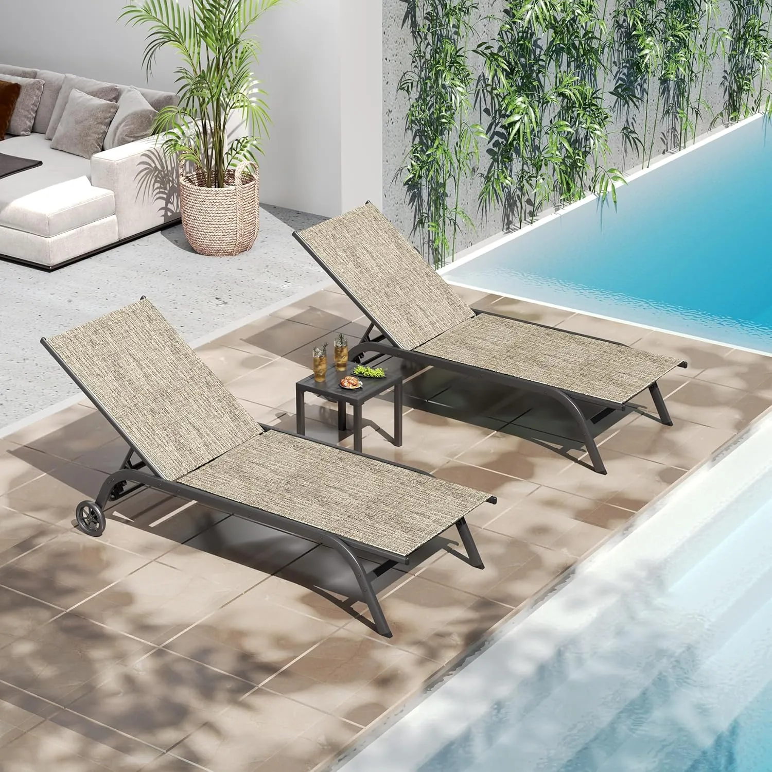 UDPATIO Patio Pool Lounge Chairs Set of 2 for Outside with Table Outdoor Chaise Chair with Cushion for Poolside Sunbathing 5 Adjustable Position Backrest Lounger with Wheels