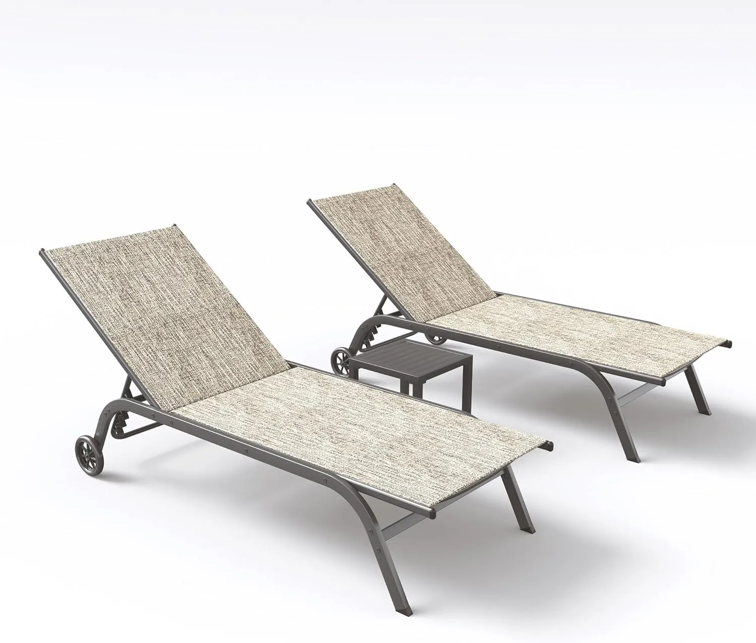 UDPATIO Patio Pool Lounge Chairs Set of 2 for Outside with Table Outdoor Chaise Chair with Cushion for Poolside Sunbathing 5 Adjustable Position Backrest Lounger with Wheels