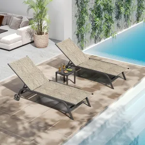 UDPATIO Patio Pool Lounge Chairs Set of 2 for Outside with Table Outdoor Chaise Chair with Cushion for Poolside Sunbathing 5 Adjustable Position Backrest Lounger with Wheels