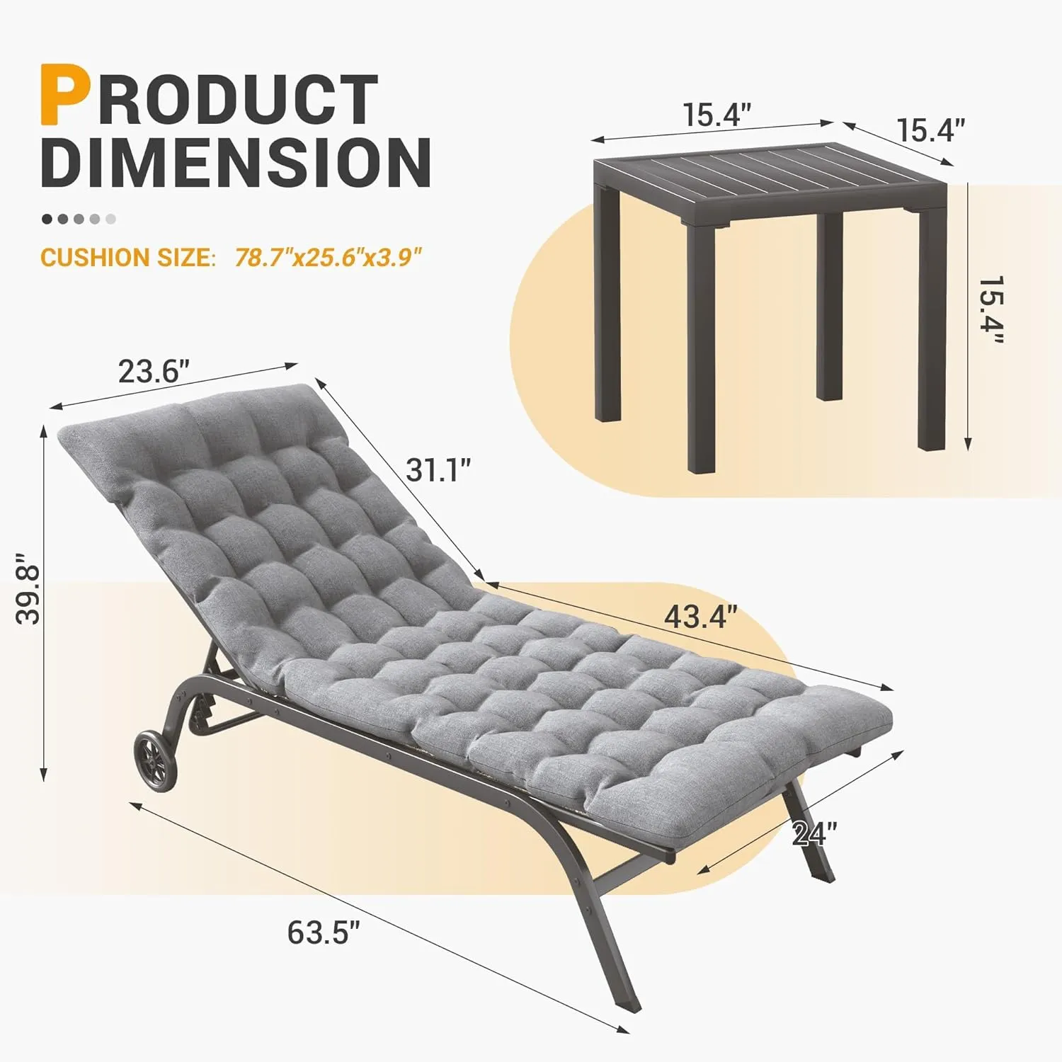 UDPATIO Patio Pool Lounge Chairs Set of 2 for Outside with Table Outdoor Chaise Chair with Cushion for Poolside Sunbathing 5 Adjustable Position Backrest Lounger with Wheels