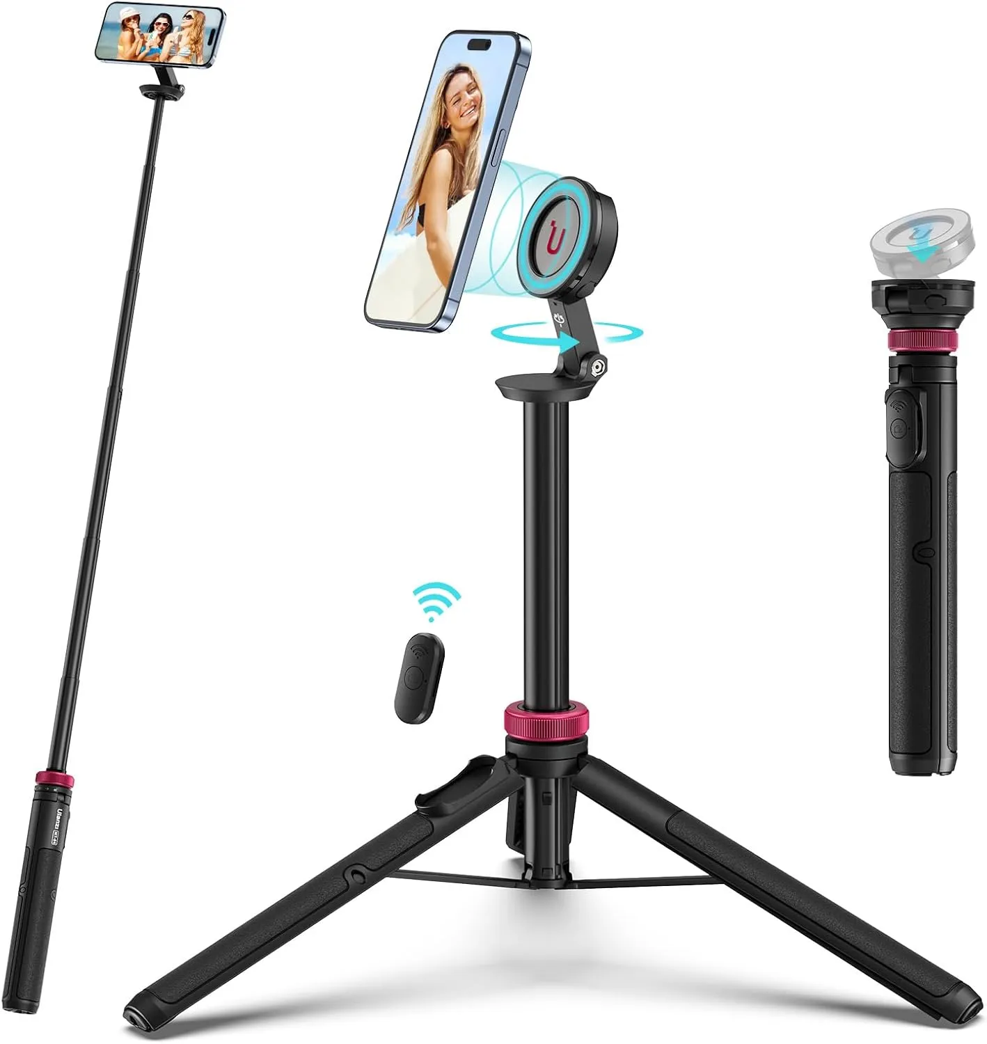 ULANZI 61'' Magnetic Selfie Stick Phone Tripod with Wireless Remote, Extendable Cell Phone Tripod Stand, Compatible with MagSafe, Cellphone Tripod for iPhone 16 15 14 13 12 Series and Android Phones