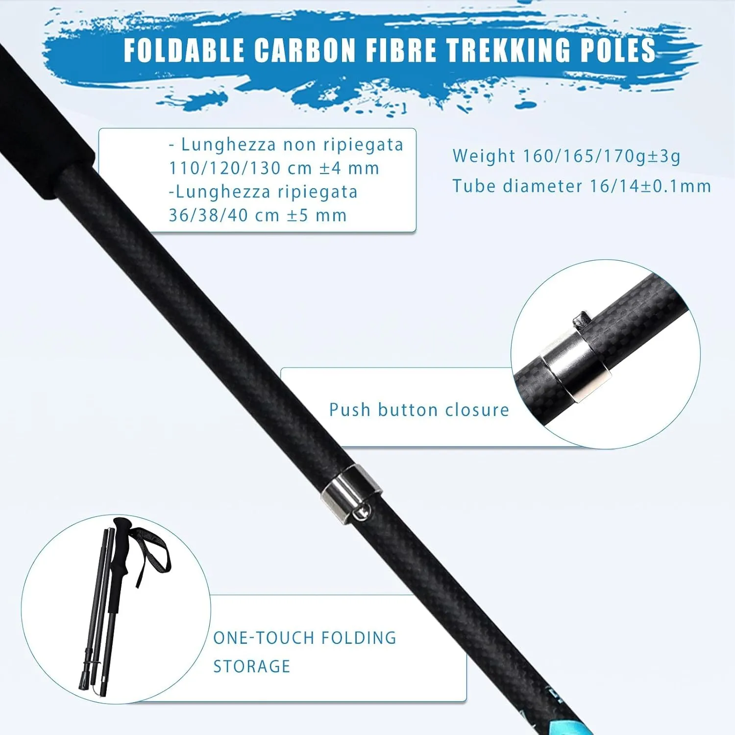 Ultralight Carbon Fibre Hiking Poles, 2-Piece Set, Collapsible Hiking Poles with Moisture Transferring Handle, Storage Bag and 2 Poles Caps for Hiking, Trekking and Mountaineering