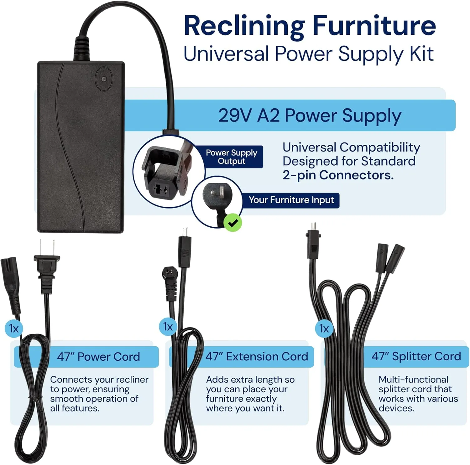 Universal Power Cord for Recliner Chair - 2-Pin Class 2 Power Supply Kit - Replacement Cord Kit for Electric Recliner Chair - Pack of 1