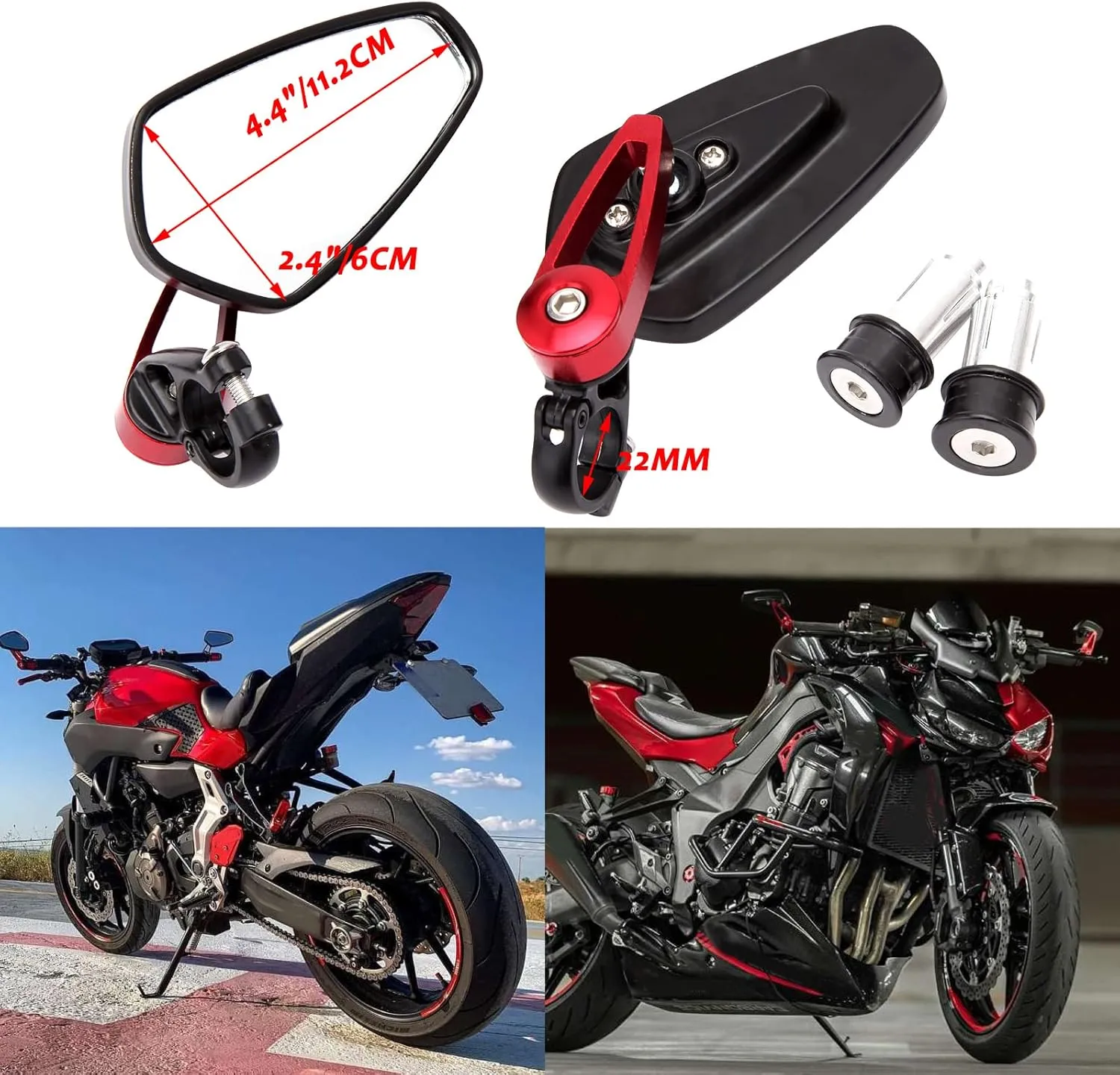 Universal Red Motorcycle Billet Aluminum 7/8" 22 Bar End Side Rear View Mirrors Compatible with Kawasaki Z900 Z1000 Honda Grom Suzuki GSXR