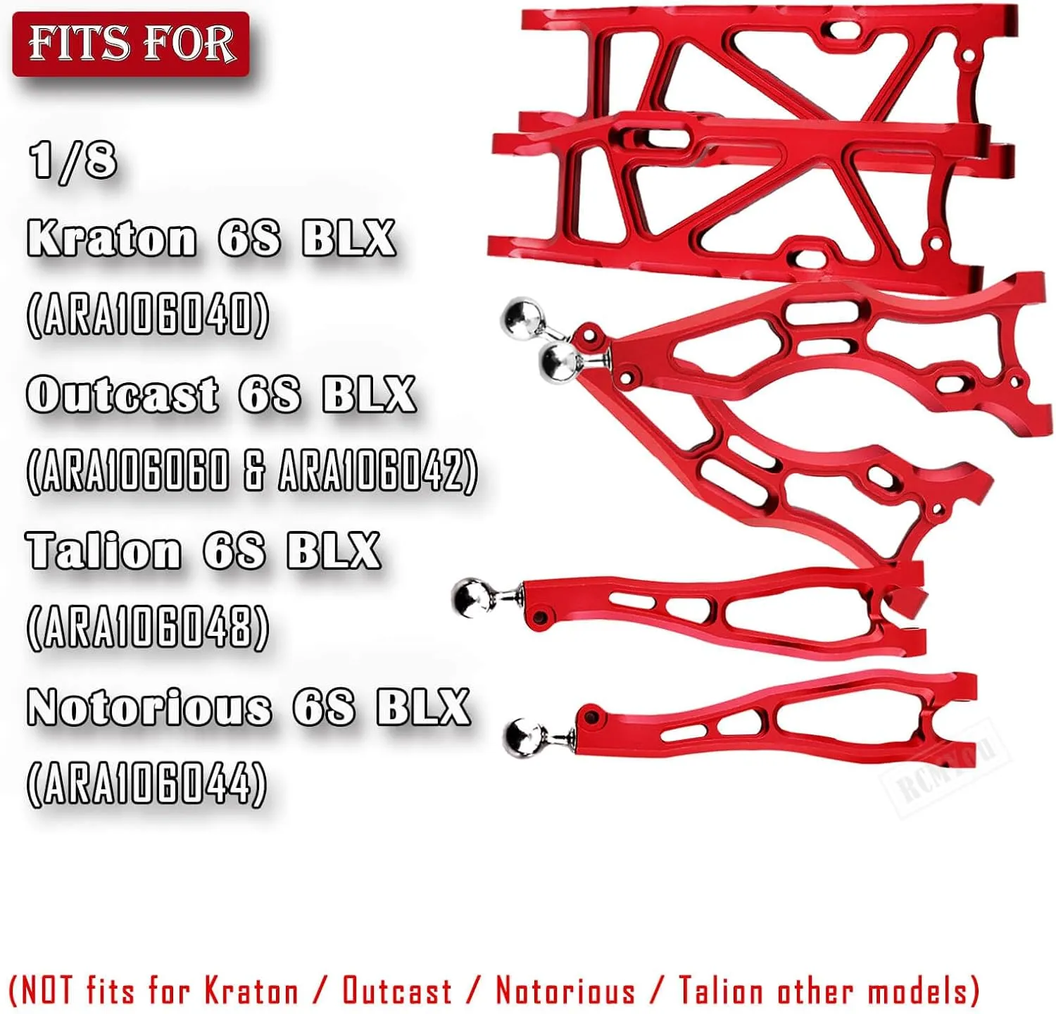Upgrades Suspension Arms for 1/8 Arrma Kraton 6S BLX,Outcast 6S BLX,Talion 6S BLX,Notorious 6S BLX,Aluminum Front Rear A Arms & Lower Upper Swing A-Arm Set Hops up w/Pivot Balls,6pcs,Red