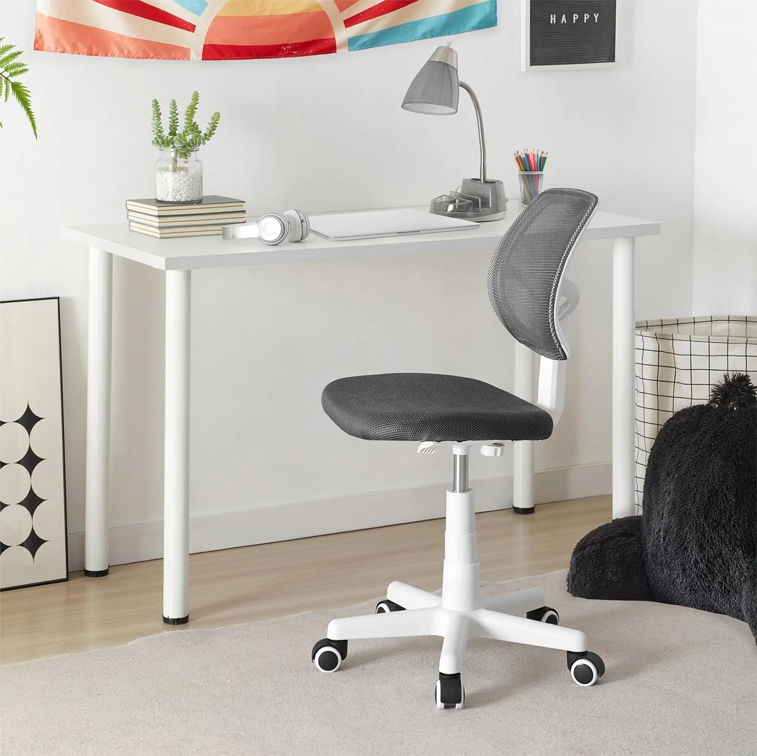 Urban Lifestyle Computer Office Rolling Swivel Task Desk Chair with Mesh Backrest and Caster Wheels, Grey with White Legs