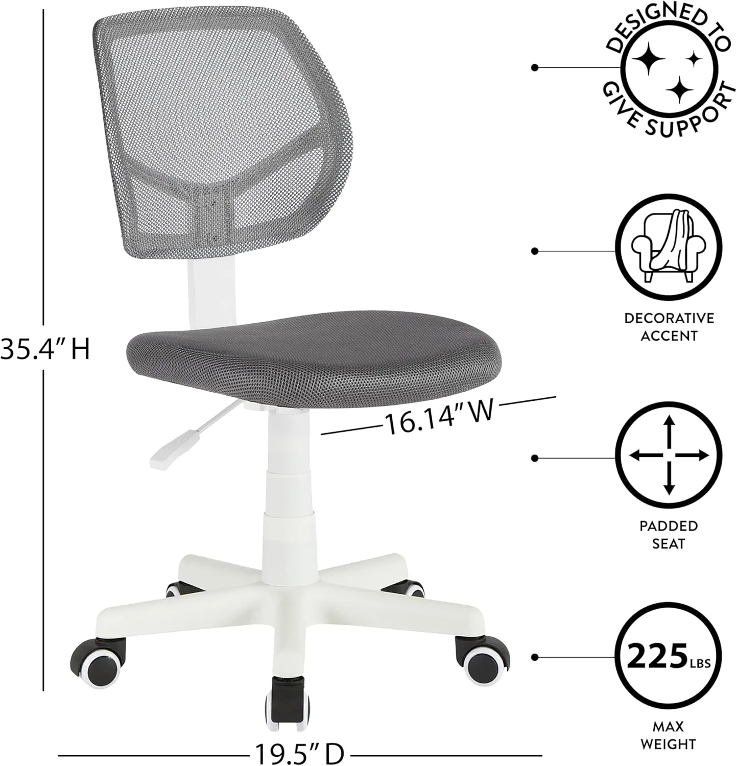 Urban Lifestyle Computer Office Rolling Swivel Task Desk Chair with Mesh Backrest and Caster Wheels, Grey with White Legs