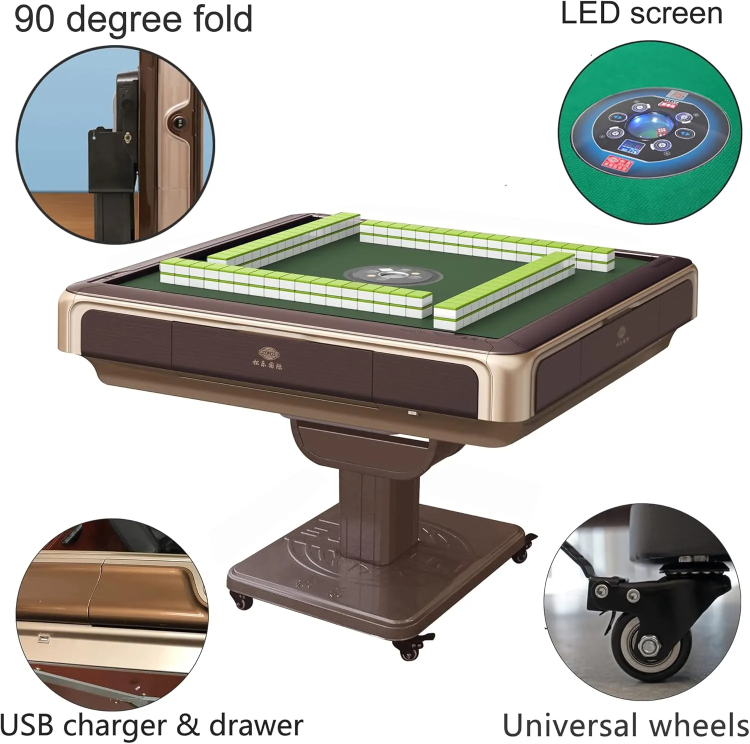 usamjtable Coffee Tornado Thin Folding Automatic Mahjong Table 144 Mahjong Foldable Style with 2 Sets 40mm Chinese Tiles   Hard Tabletop Cover