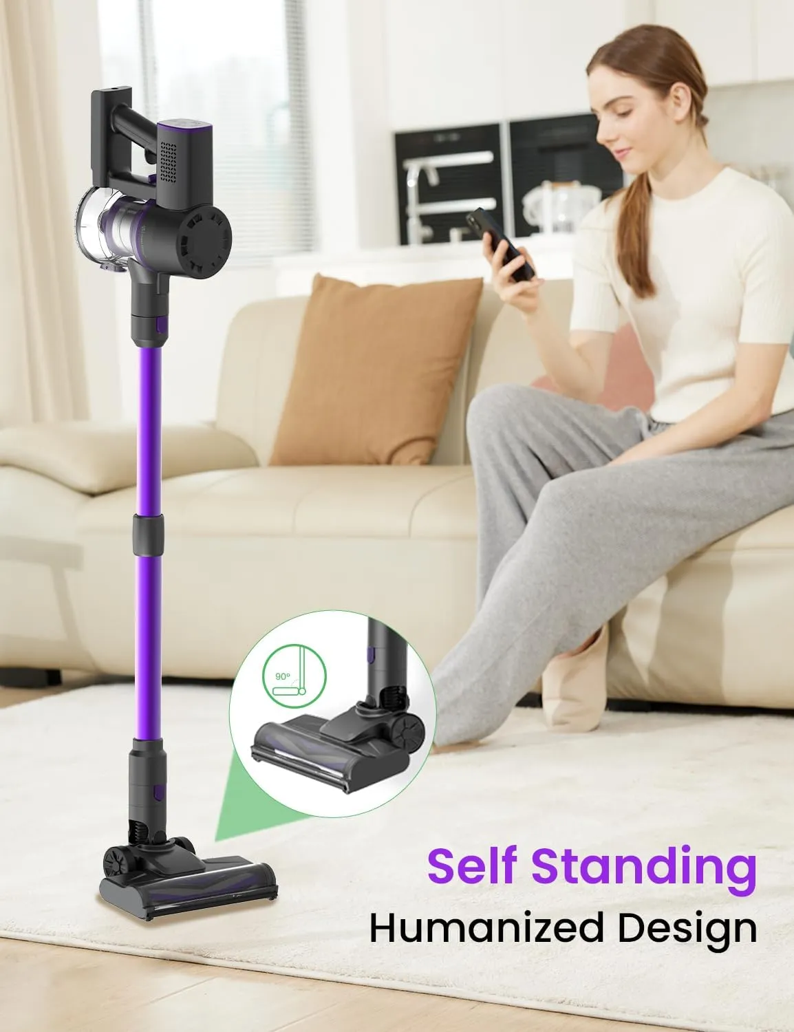 V8PRO Cordless Vacuum Cleaner for Home - 25Kpa Stick Vacuum with Self Standing Design, Max 35Min Runtime, 6 in 1 Lightweight Vacuum for Hardwood Floors and Carpet Pet Hair(Dark Purple)