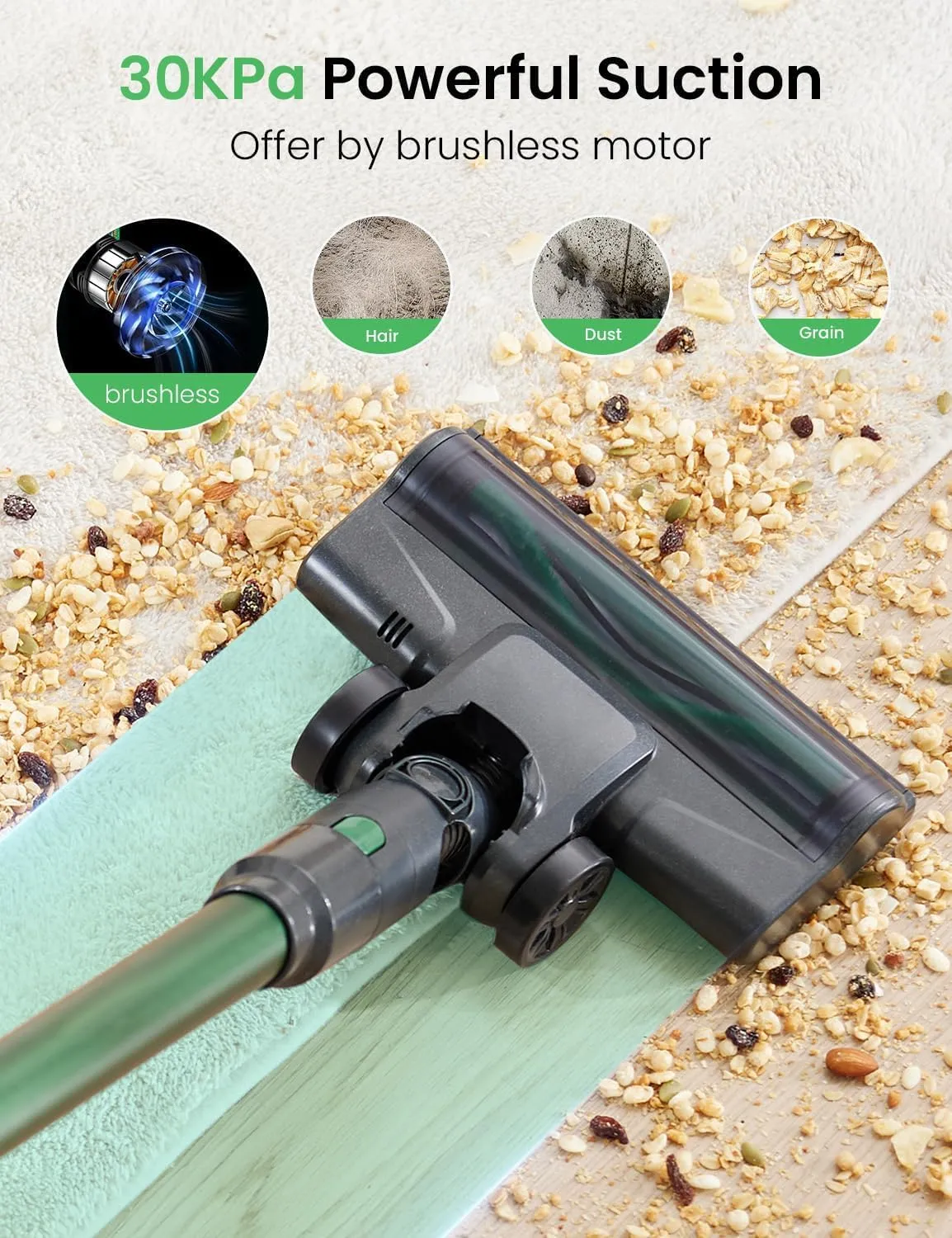 V9PRO Cordless Stick Vacuum Cleaner - 30Kpa Powerful Suction with Brushless Motor, Self Standing Design, 45 Mins Runtime, LED Display, 6 in 1 Lightweight Vacuum for Home Hard Floor (Green)