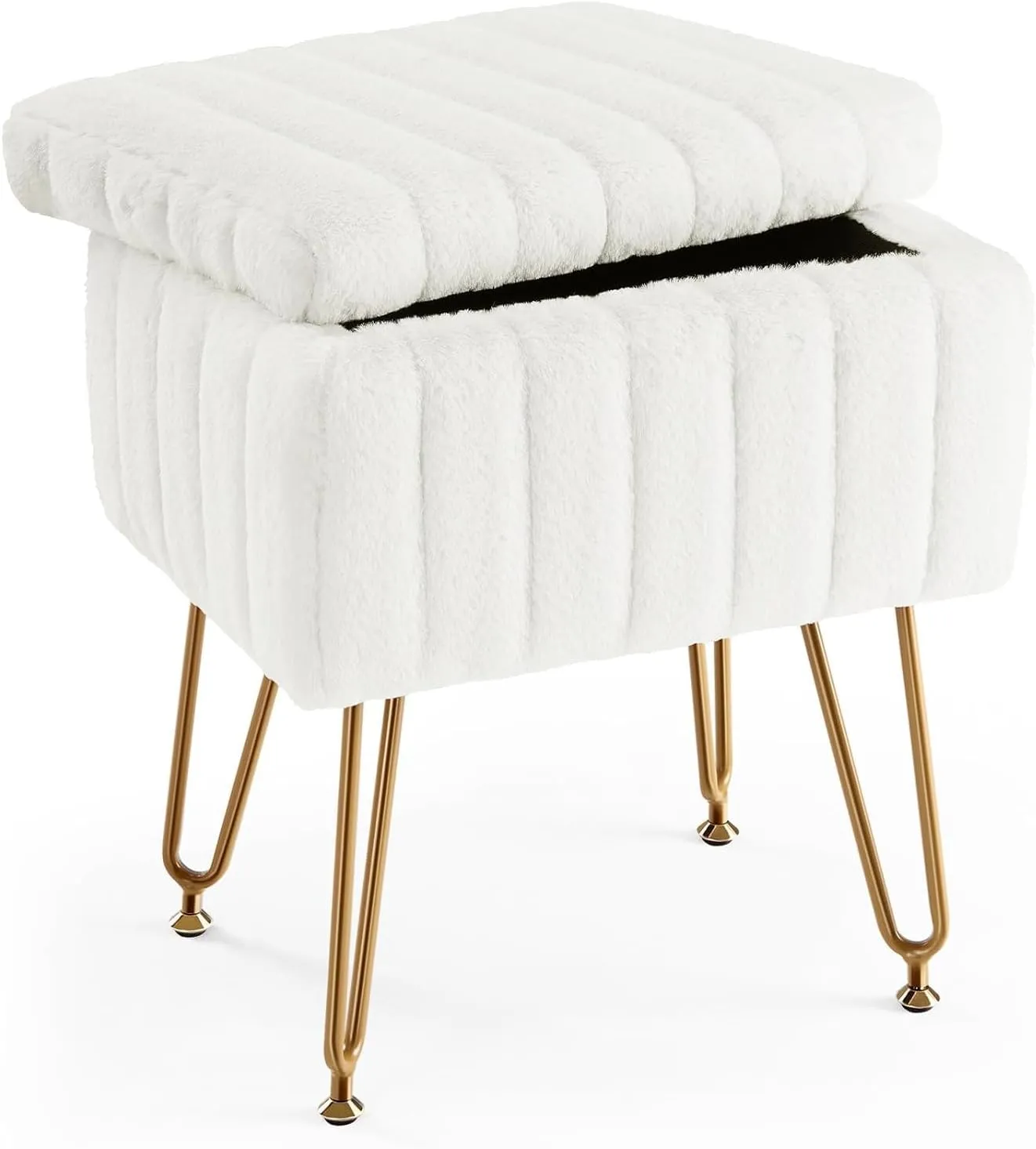 Vanity Stool Chair with Storage, Ottoman Faux Fur Soft Padded Makeup Footstools Seat with 4 Metal Legs
