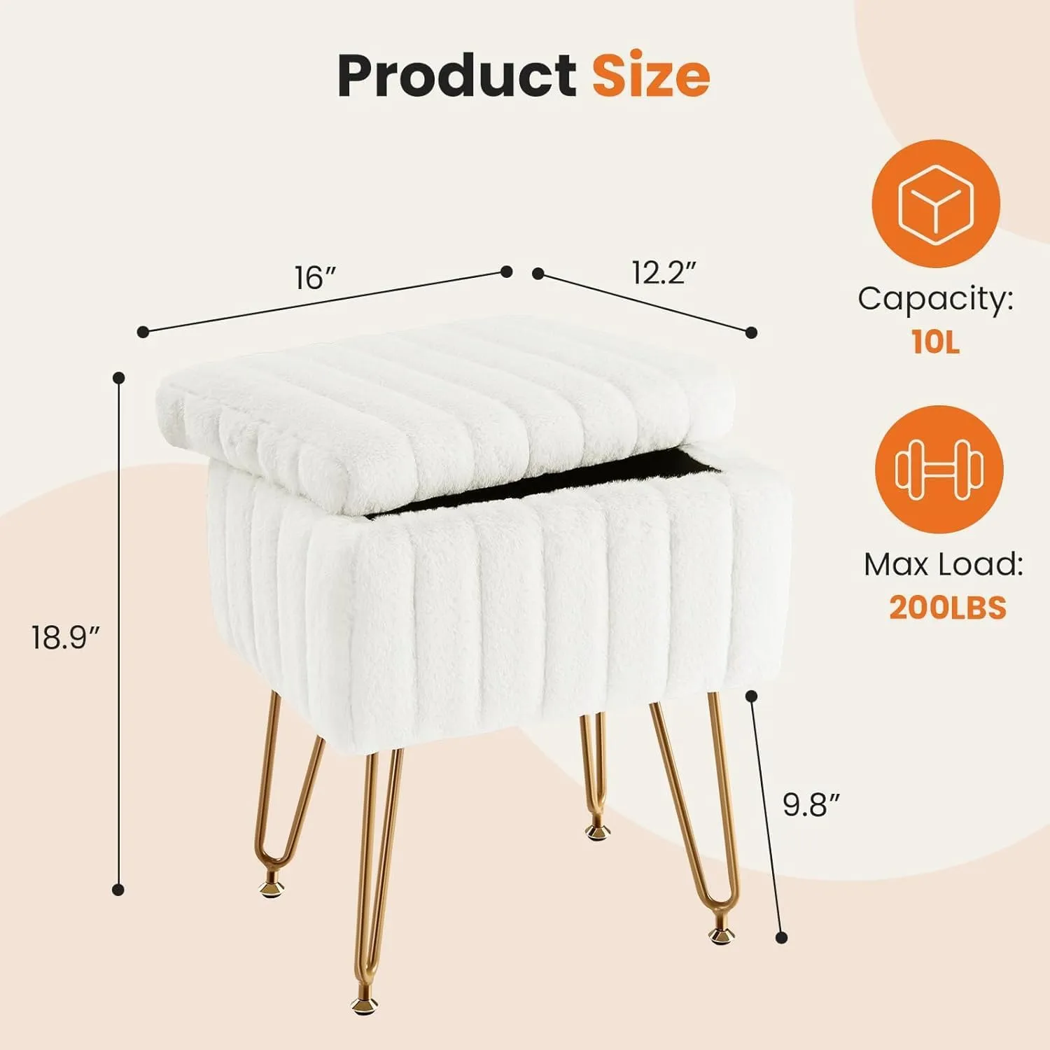 Vanity Stool Chair with Storage, Ottoman Faux Fur Soft Padded Makeup Footstools Seat with 4 Metal Legs