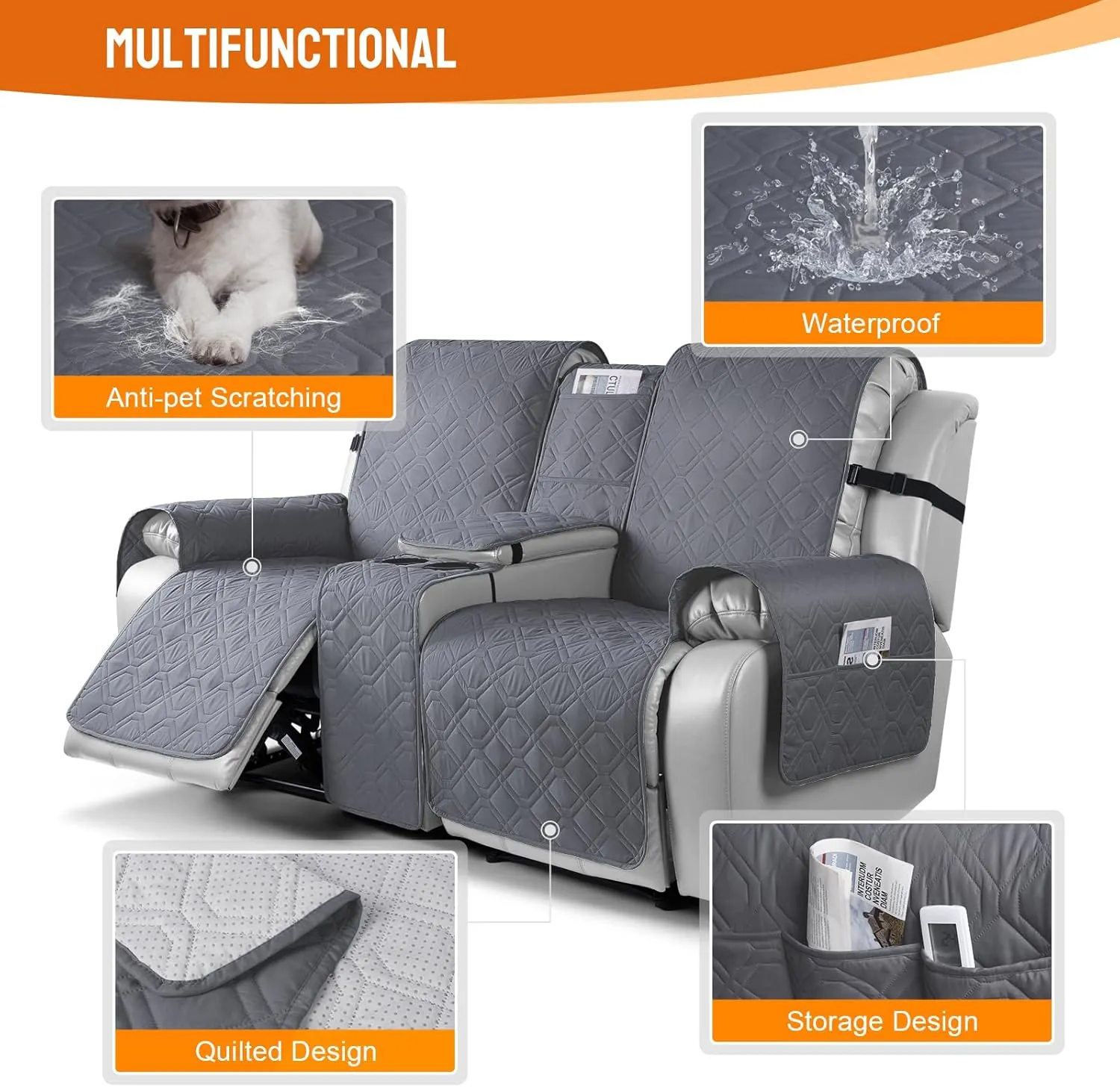 VANSOFY Loveseat Recliner Cover with Console 100% Waterproof Sofa Slipcovers Non-Slip Reclining Couch Cover Split Sofa Covers Furniture Protector for Pets, Dogs(Dark Gray)