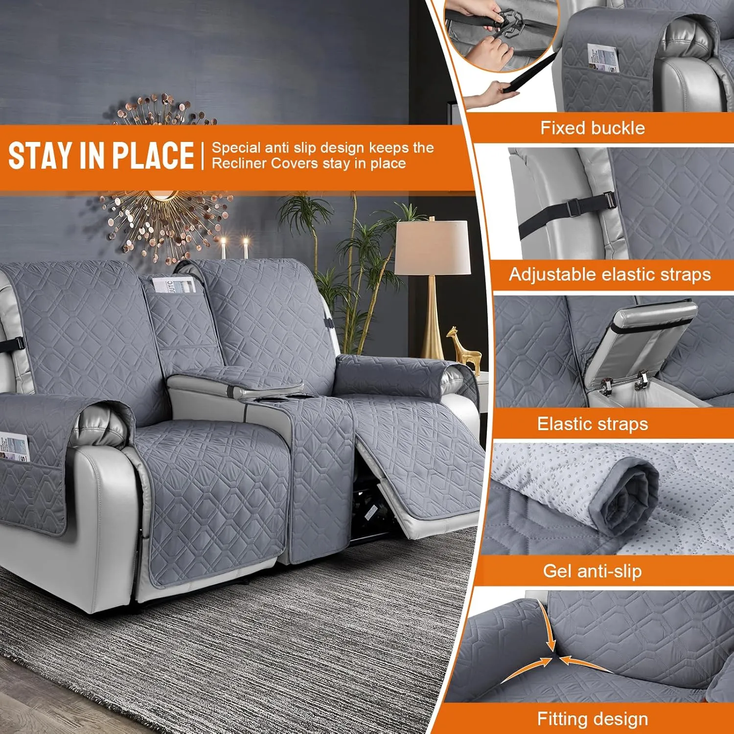 VANSOFY Loveseat Recliner Cover with Console 100% Waterproof Sofa Slipcovers Non-Slip Reclining Couch Cover Split Sofa Covers Furniture Protector for Pets, Dogs(Dark Gray)