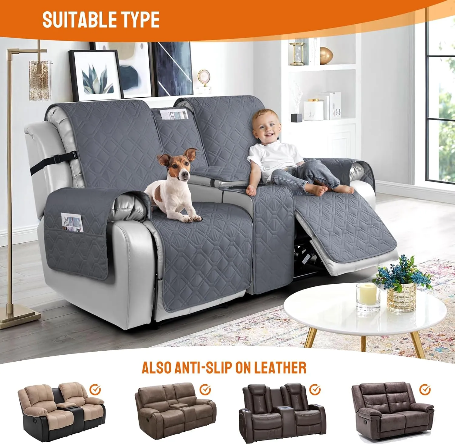 VANSOFY Loveseat Recliner Cover with Console 100% Waterproof Sofa Slipcovers Non-Slip Reclining Couch Cover Split Sofa Covers Furniture Protector for Pets, Dogs(Dark Gray)
